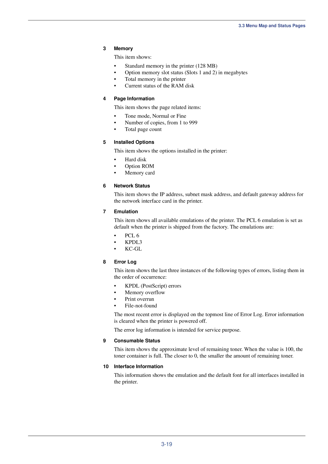 Xerox FS-C8008N manual Memory, Information, Installed Options, Network Status, Emulation, Error Log, Consumable Status 