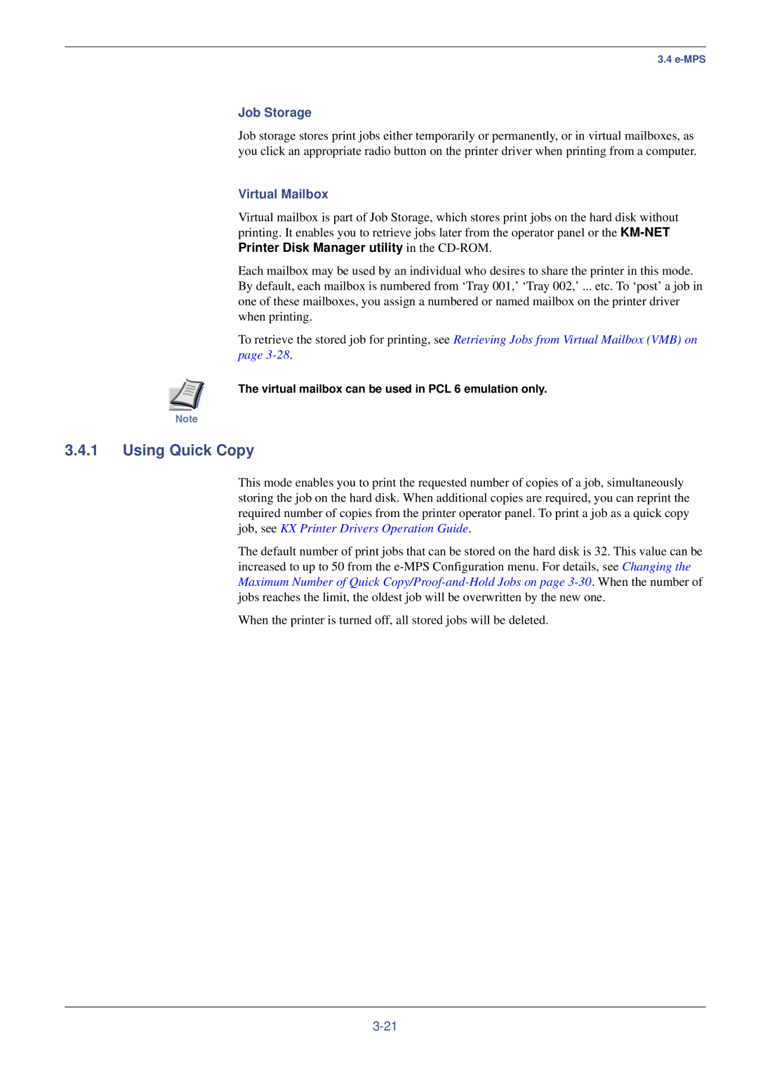 Xerox FS-C8008N manual Using Quick Copy, Job Storage, Virtual Mailbox, Virtual mailbox can be used in PCL 6 emulation only 