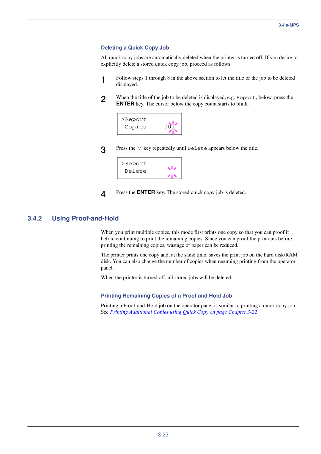 Xerox FS-C8008N, FS-C8008DN manual Using Proof-and-Hold, Report Delete, Deleting a Quick Copy Job 