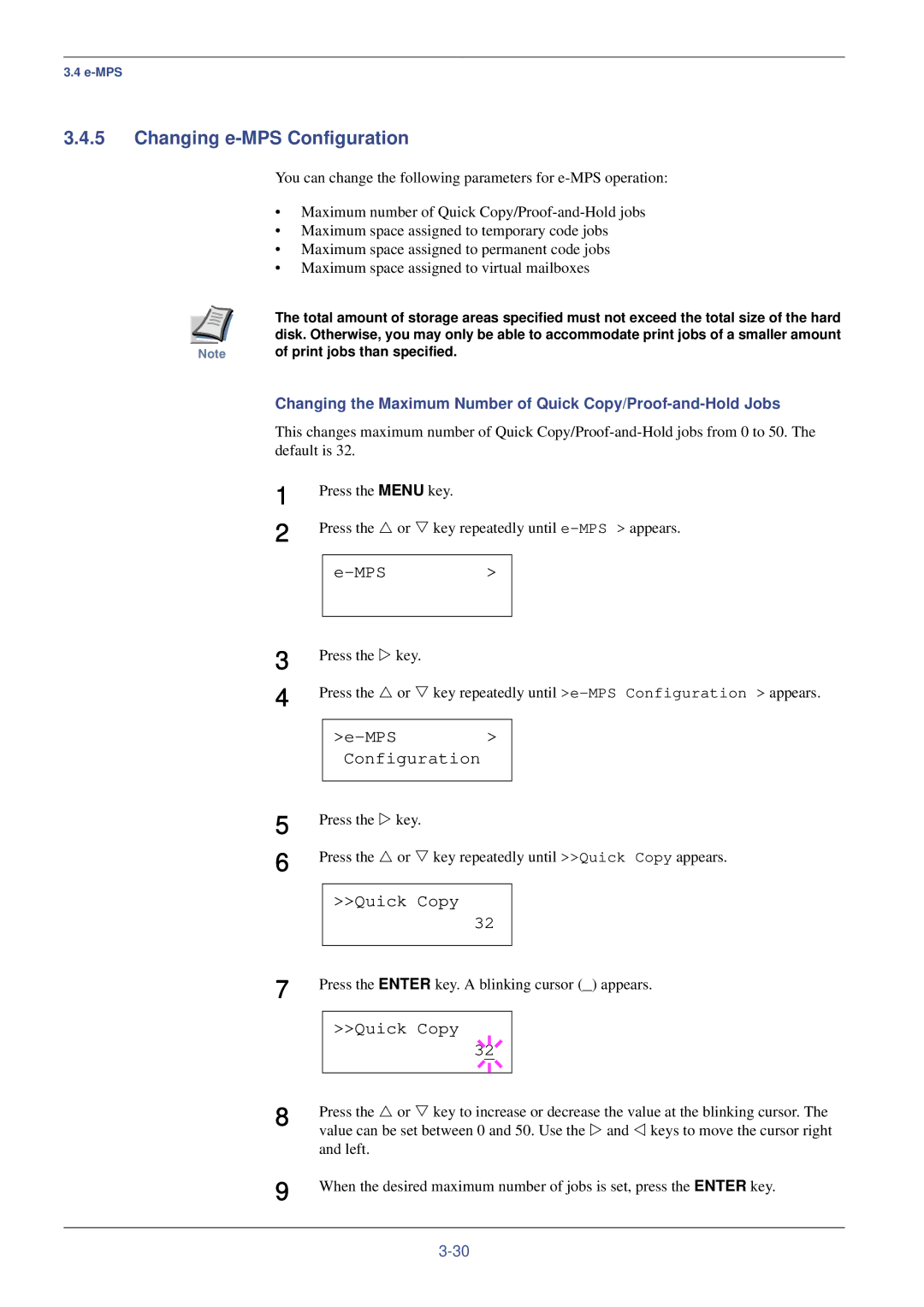 Xerox FS-C8008DN, FS-C8008N Changing e-MPS Configuration, Quick Copy, Press the Enter key. a blinking cursor appears, Left 