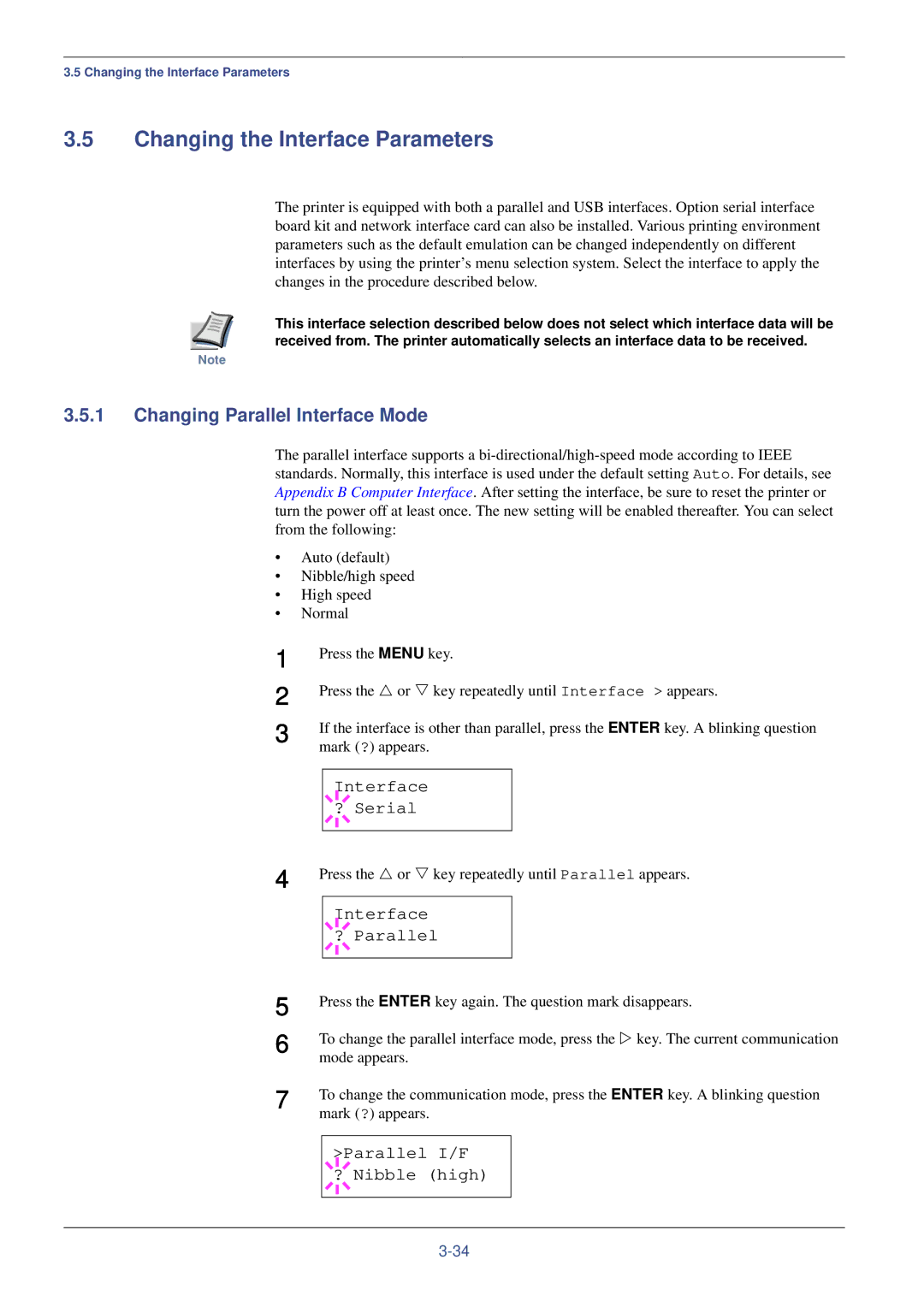 Xerox FS-C8008DN, FS-C8008N manual Changing the Interface Parameters, Changing Parallel Interface Mode, Interface ? Serial 