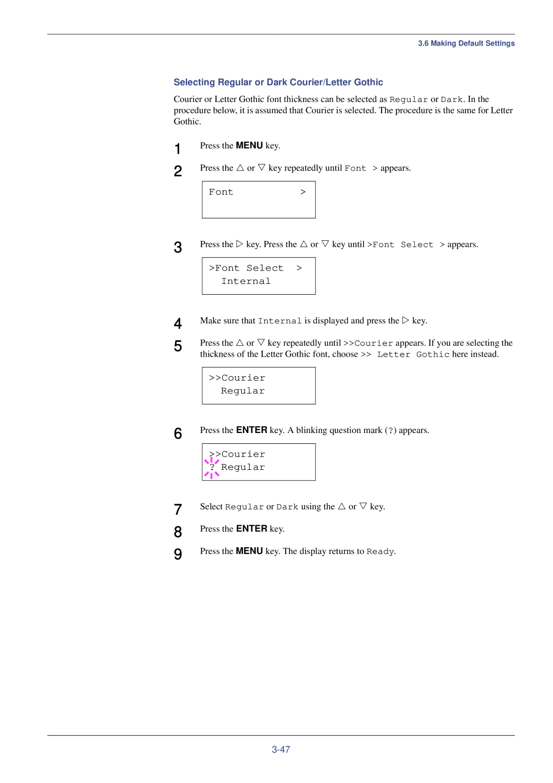 Xerox FS-C8008N, FS-C8008DN manual Courier Regular, Selecting Regular or Dark Courier/Letter Gothic 