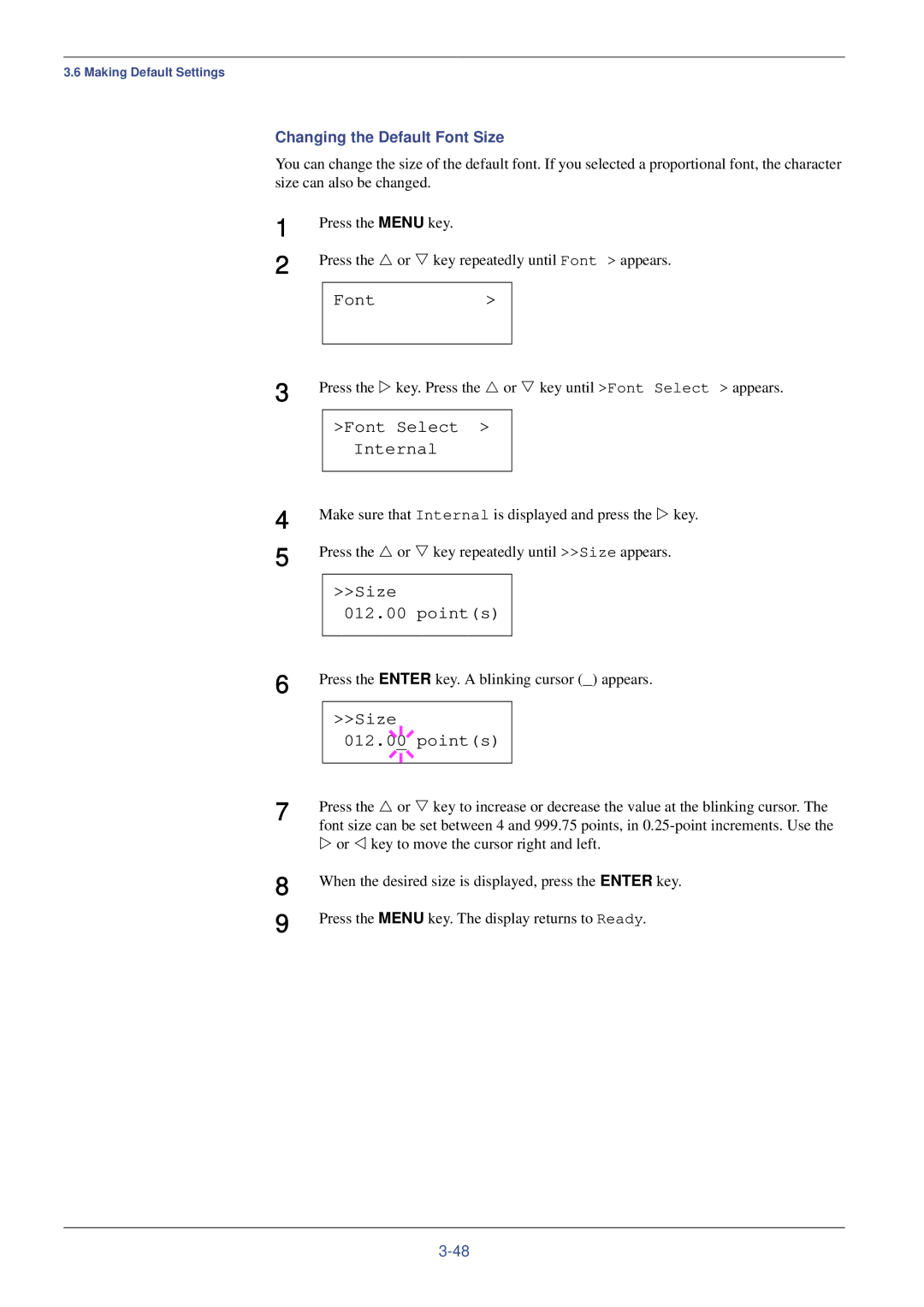 Xerox FS-C8008DN, FS-C8008N manual Size Points, Changing the Default Font Size 