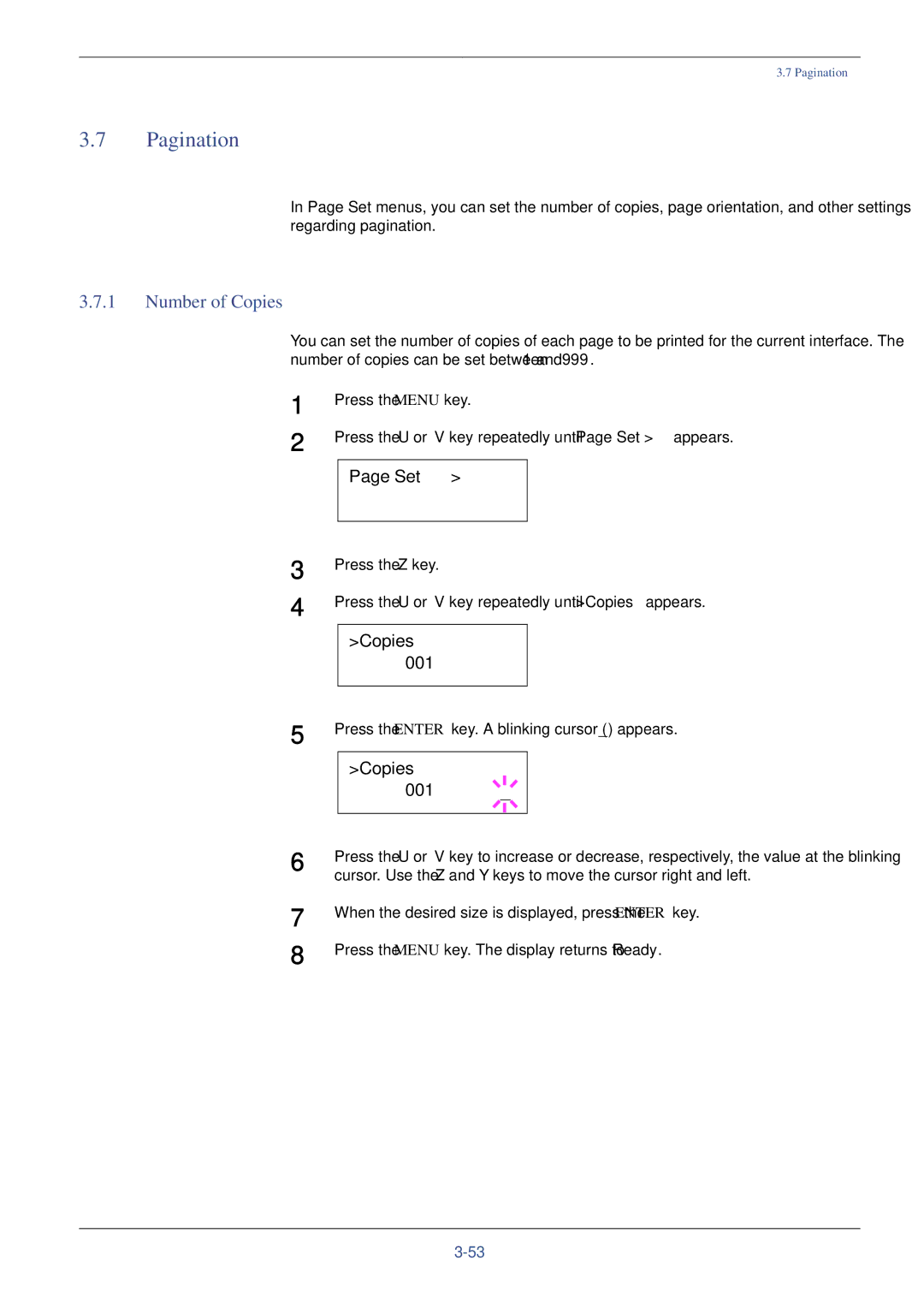 Xerox FS-C8008N, FS-C8008DN manual Pagination, Number of Copies, Set, Copies 001 