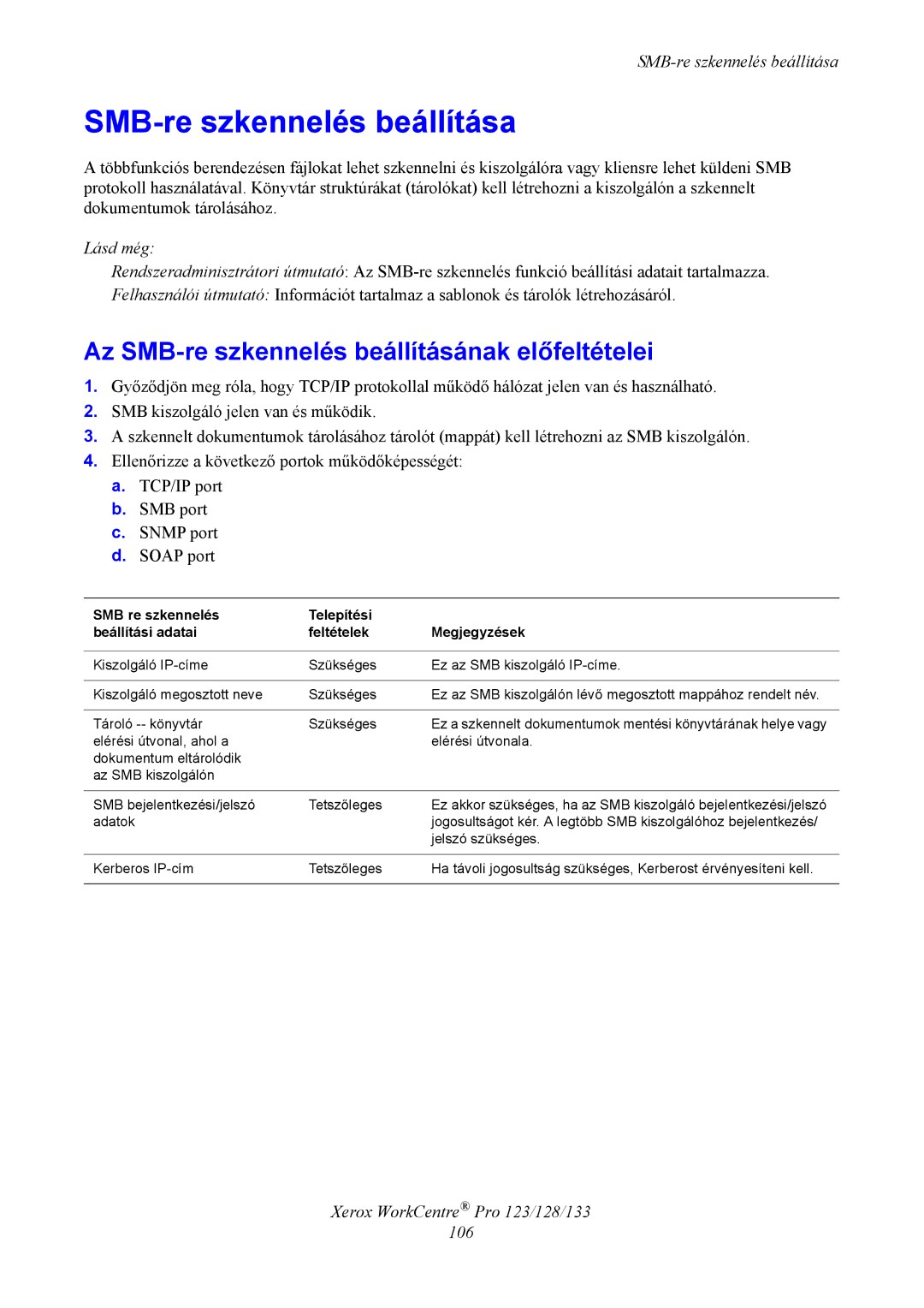 Xerox G0561 manual SMB-re szkennelés beállítása, Az SMB-re szkennelés beállításának előfeltételei 