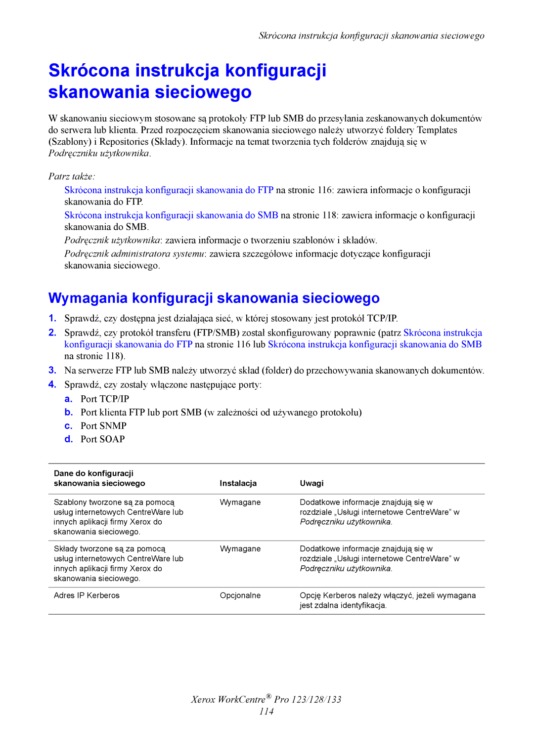 Xerox G0561 manual Wymagania konfiguracji skanowania sieciowego, Skrócona instrukcja konfiguracji skanowania sieciowego 