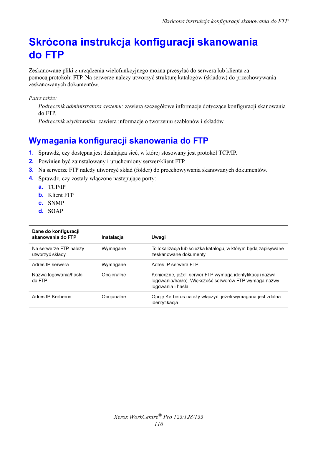 Xerox G0561 manual Skrócona instrukcja konfiguracji skanowania do FTP, Wymagania konfiguracji skanowania do FTP 