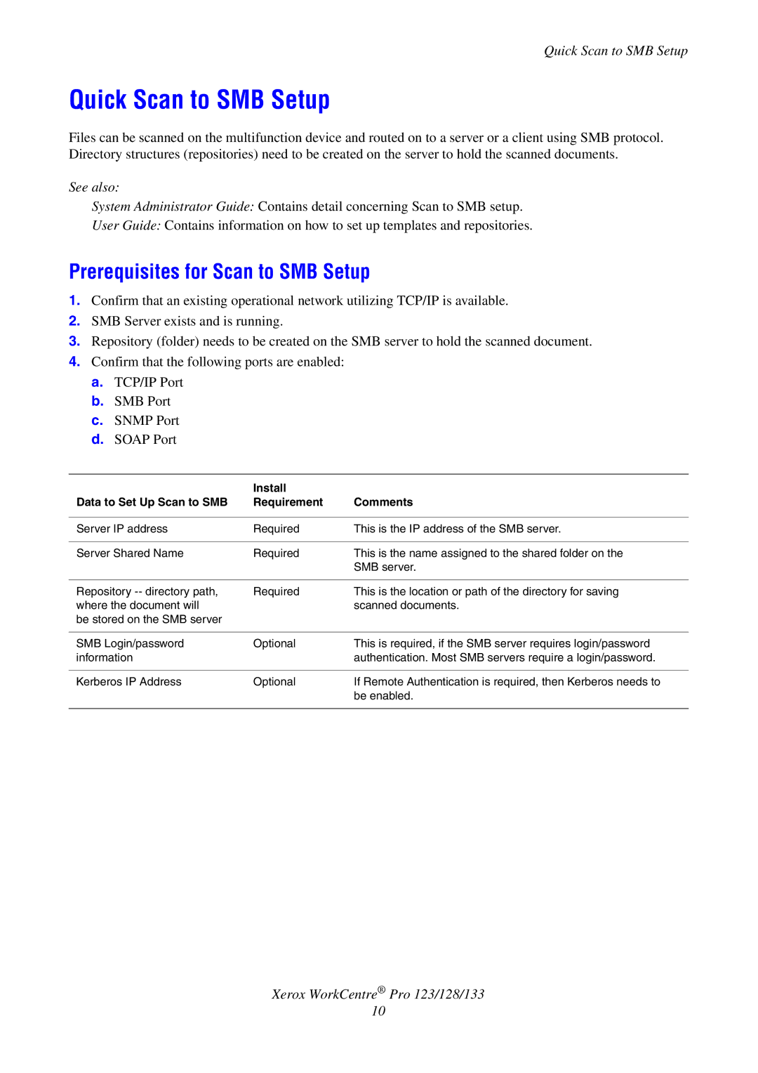 Xerox G0561 manual Quick Scan to SMB Setup, Prerequisites for Scan to SMB Setup 