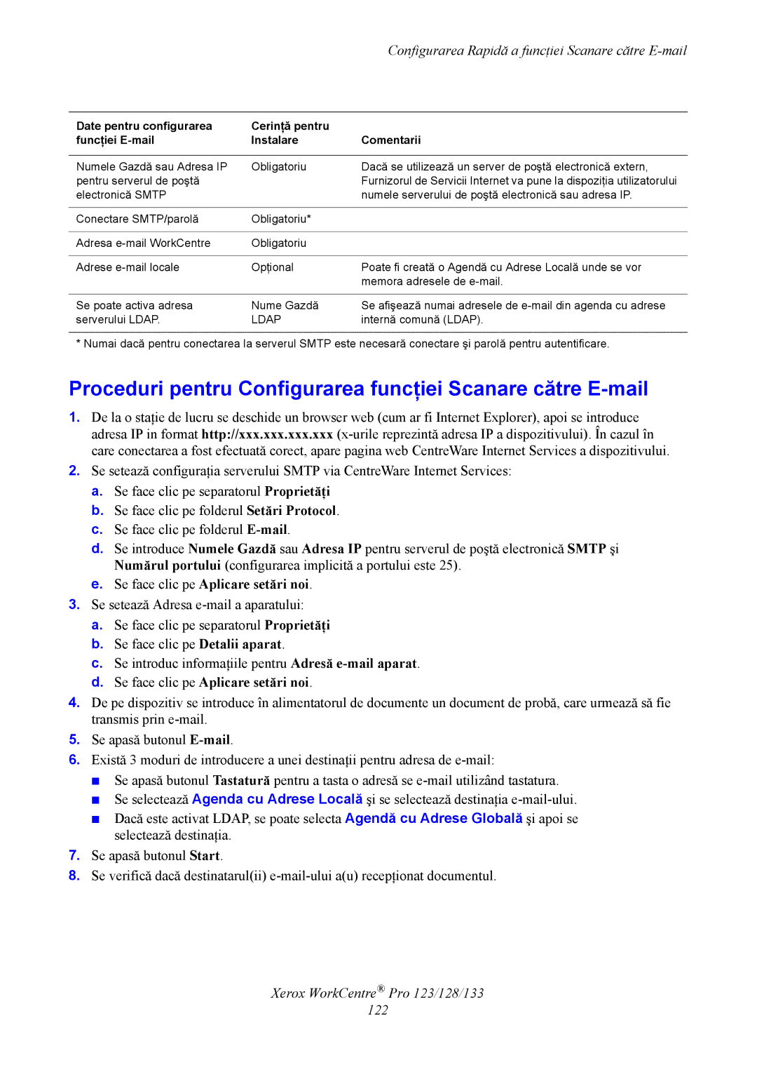 Xerox G0561 manual Proceduri pentru Configurarea funcţiei Scanare către E-mail, Xerox WorkCentre Pro 123/128/133 122 