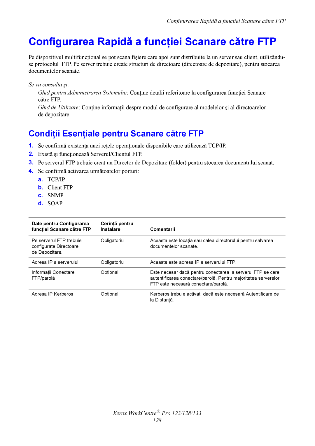 Xerox G0561 manual Configurarea Rapidă a funcţiei Scanare către FTP, Condiţii Esenţiale pentru Scanare către FTP 