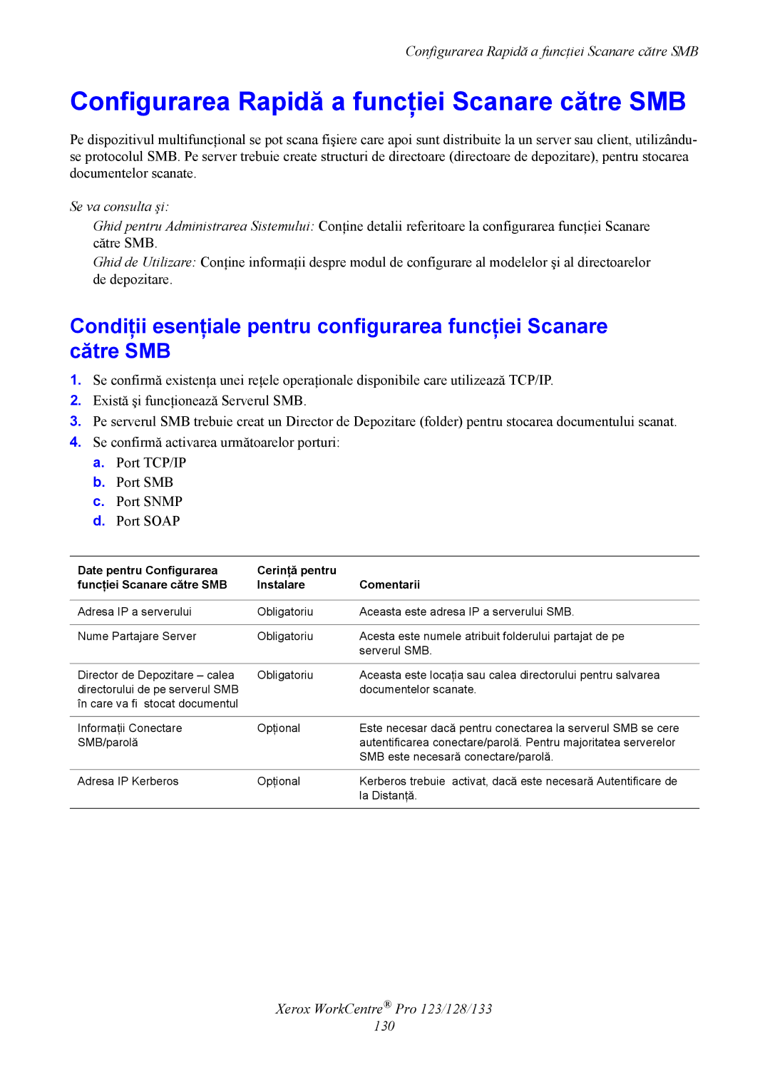 Xerox G0561 manual Configurarea Rapidă a funcţiei Scanare către SMB, Xerox WorkCentre Pro 123/128/133 130 