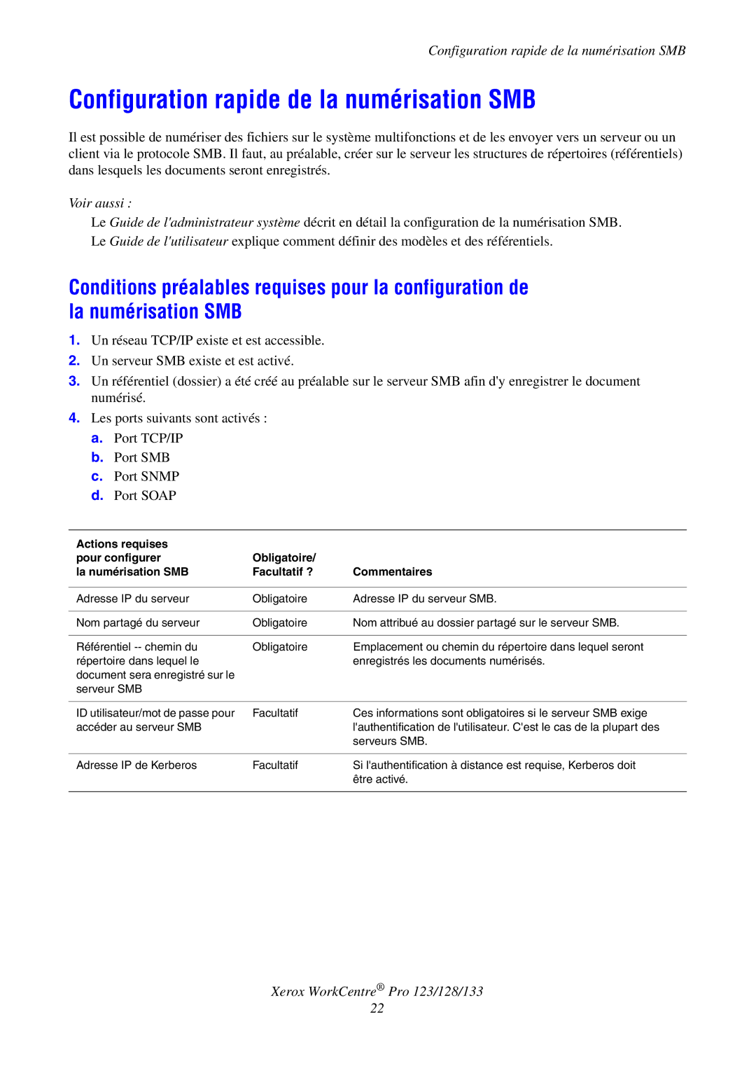 Xerox G0561 manual Configuration rapide de la numérisation SMB 