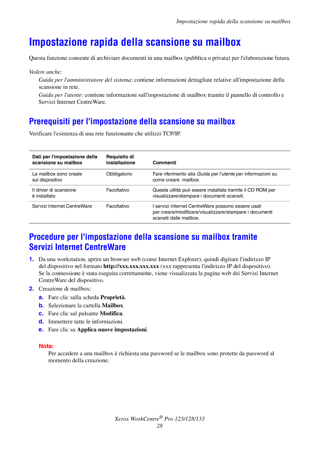 Xerox G0561 Impostazione rapida della scansione su mailbox, Prerequisiti per limpostazione della scansione su mailbox 