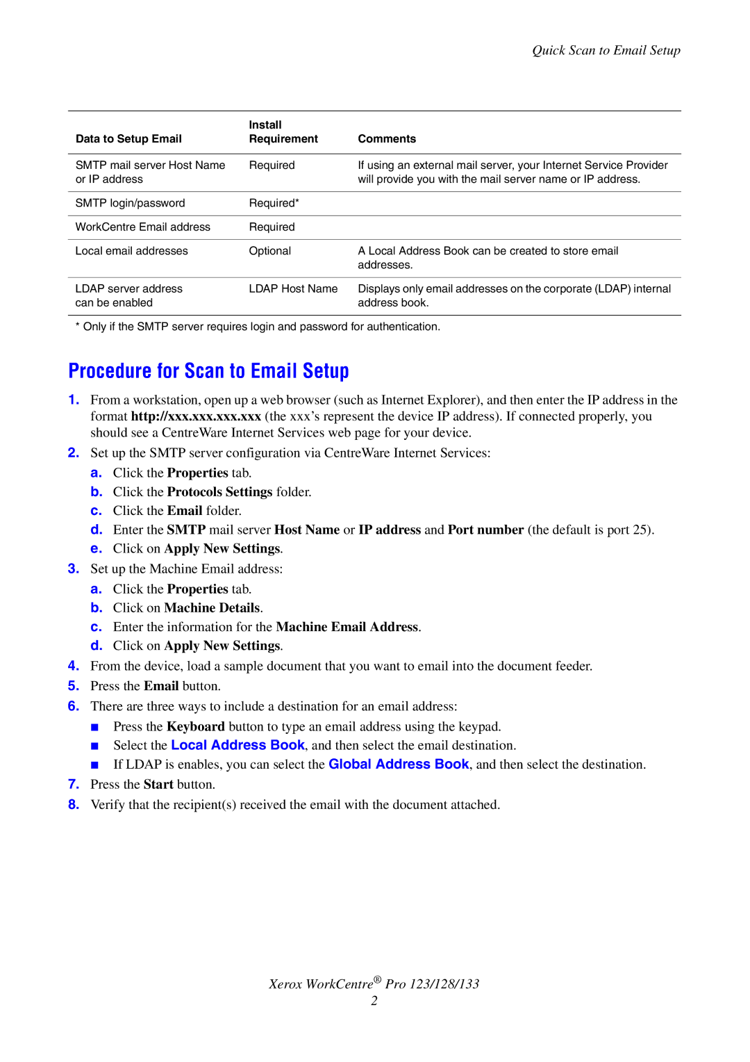 Xerox G0561 Procedure for Scan to Email Setup, Quick Scan to Email Setup, Install Data to Setup Email Requirement Comments 