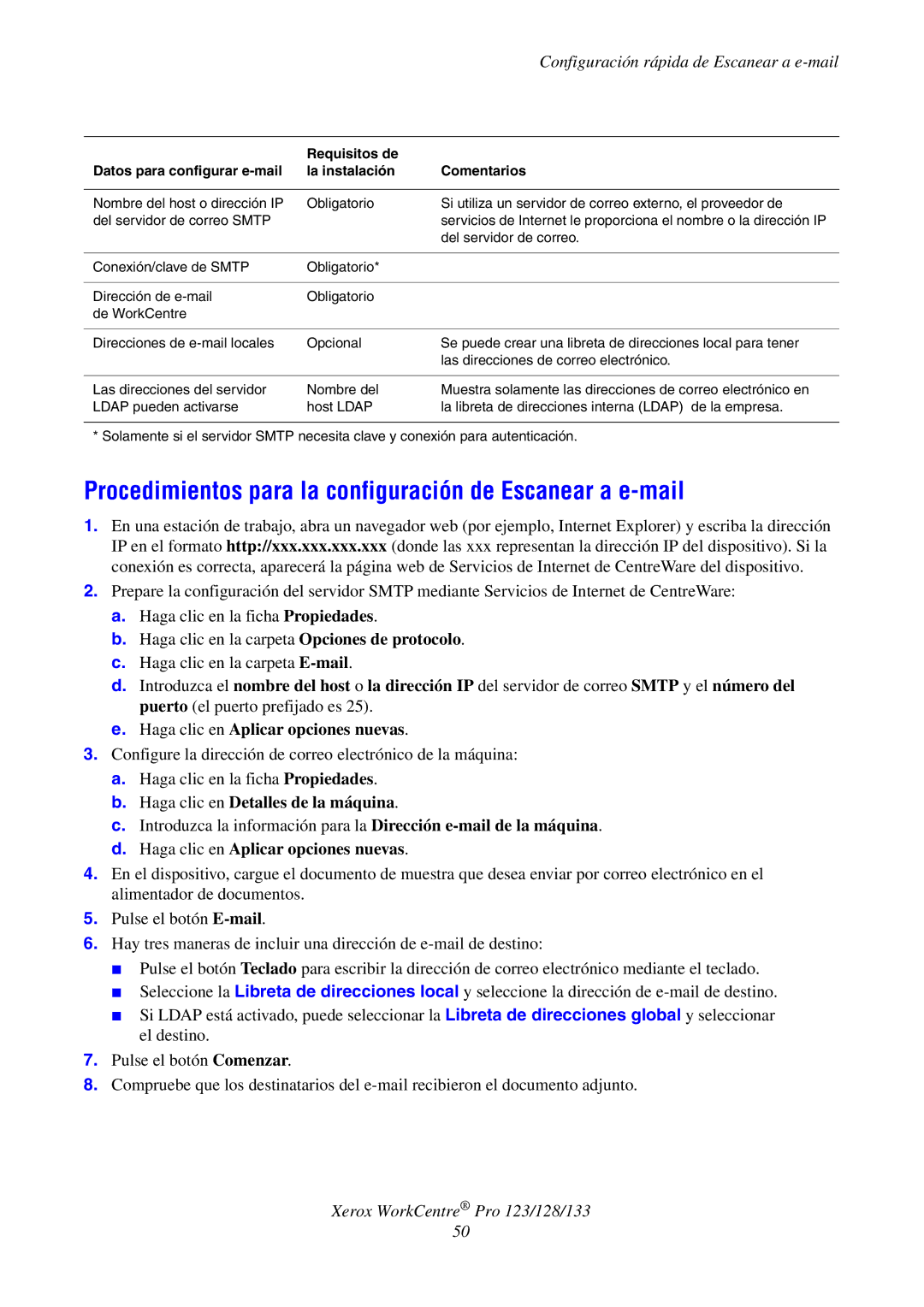 Xerox G0561 manual Procedimientos para la configuración de Escanear a e-mail, Configuración rápida de Escanear a e-mail 