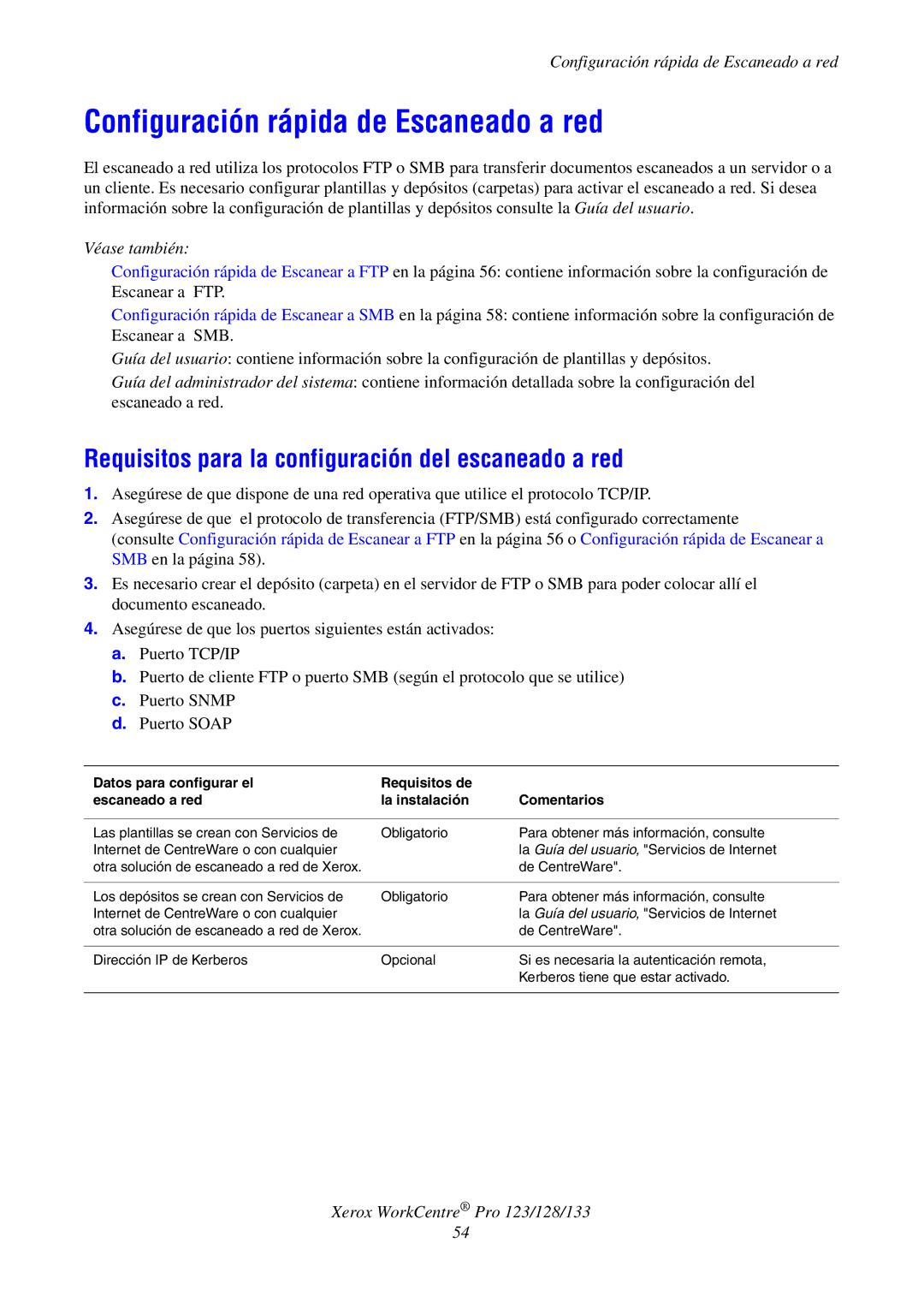 Xerox G0561 manual Configuración rápida de Escaneado a red, Requisitos para la configuración del escaneado a red 