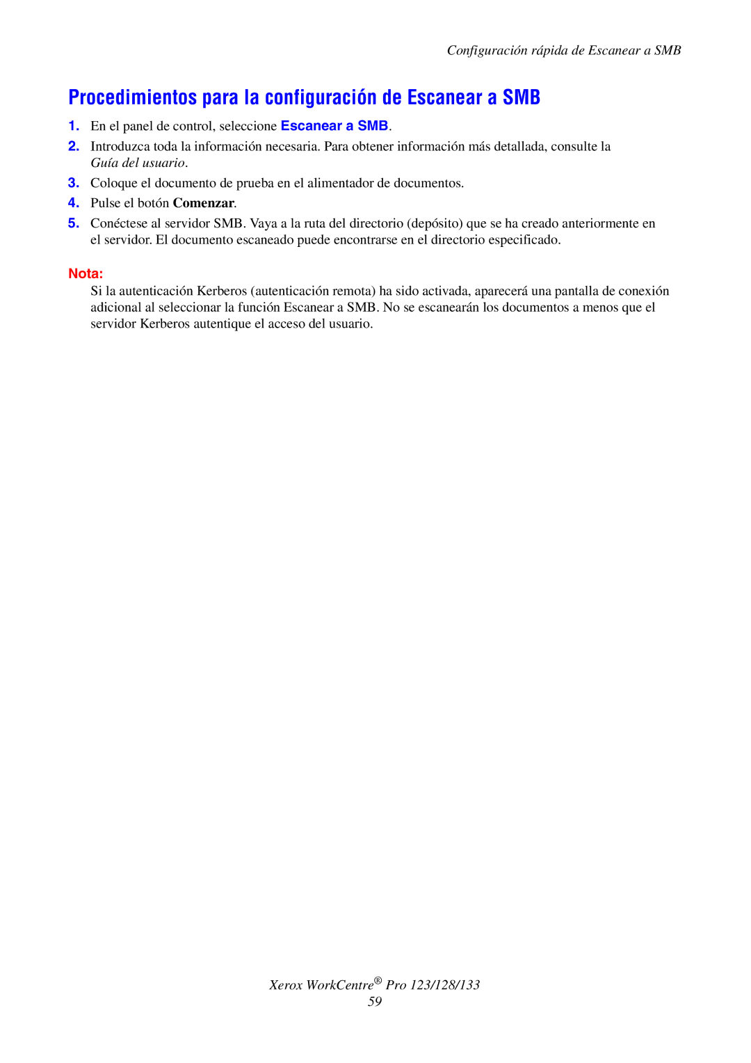 Xerox G0561 manual Procedimientos para la configuración de Escanear a SMB 