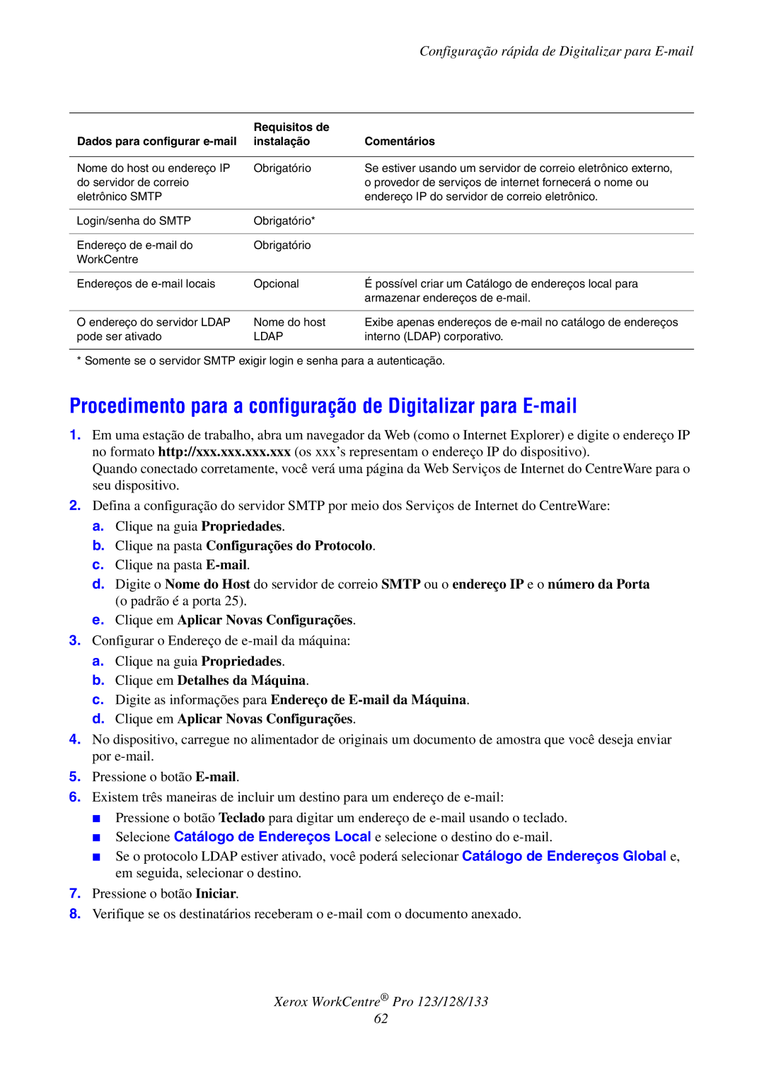 Xerox G0561 Procedimento para a configuração de Digitalizar para E-mail, Configuração rápida de Digitalizar para E-mail 