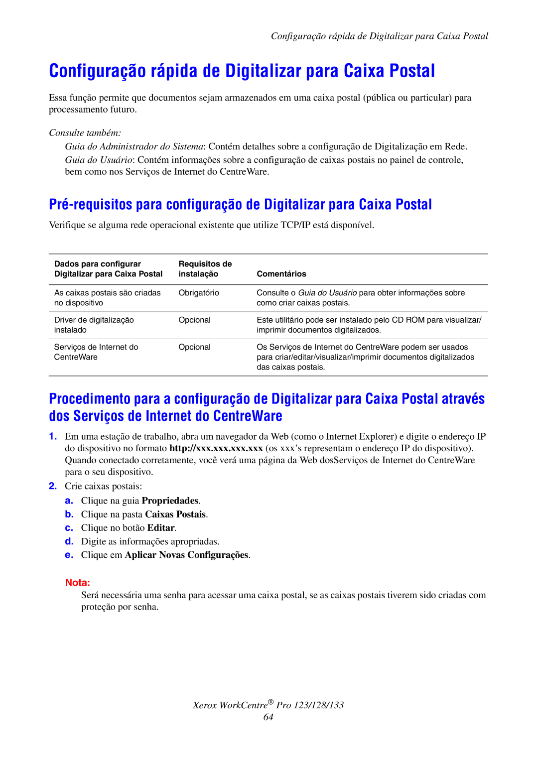 Xerox G0561 manual Configuração rápida de Digitalizar para Caixa Postal 