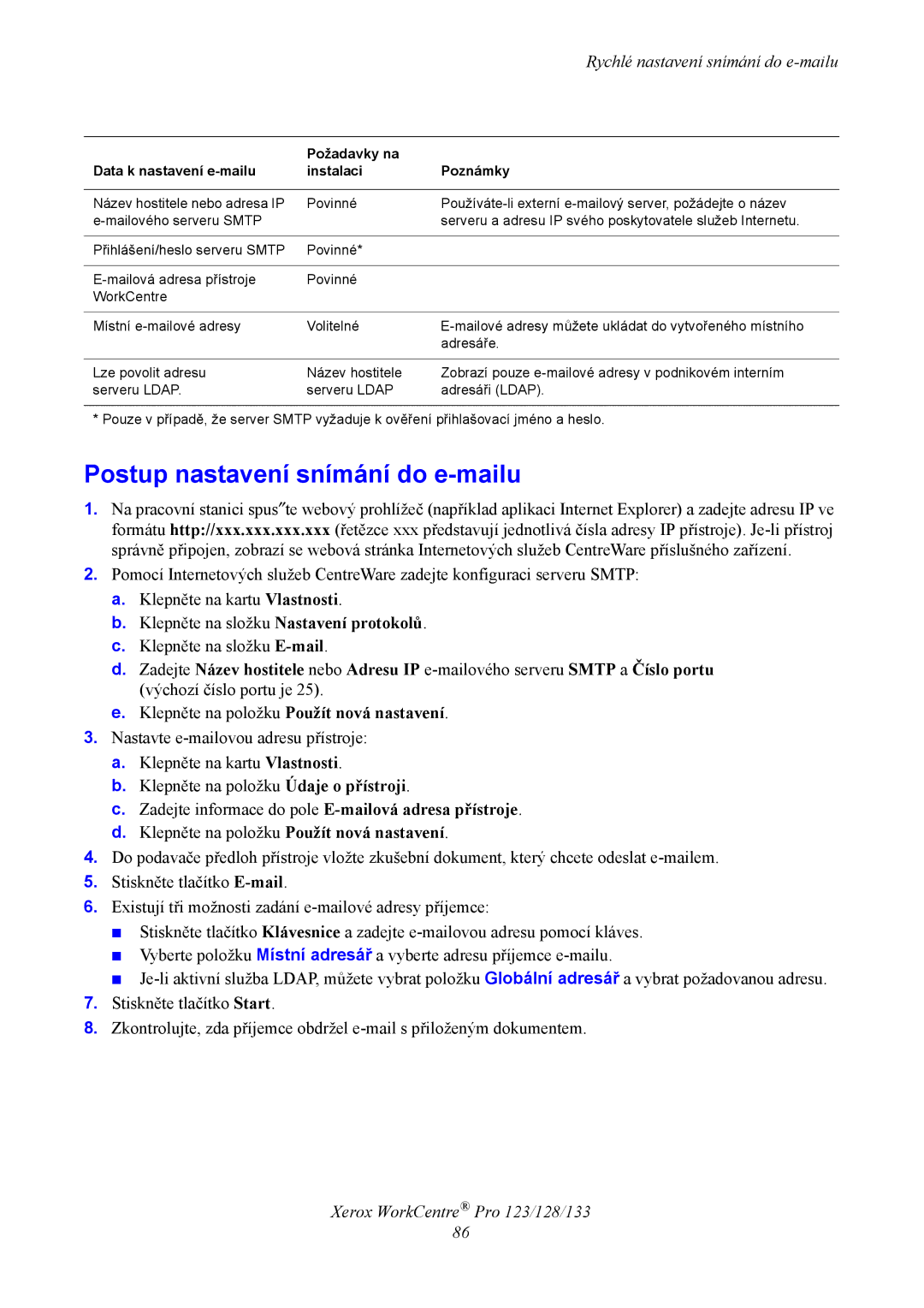 Xerox G0561 manual Postup nastavení snímání do e-mailu, Rychlé nastavení snímání do e-mailu 