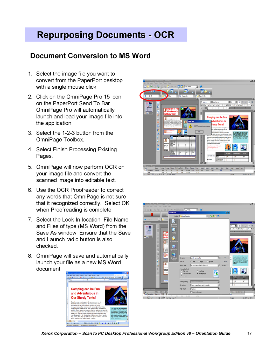 Xerox G8144Z manual Document Conversion to MS Word, Repurposing Documents - OCR 