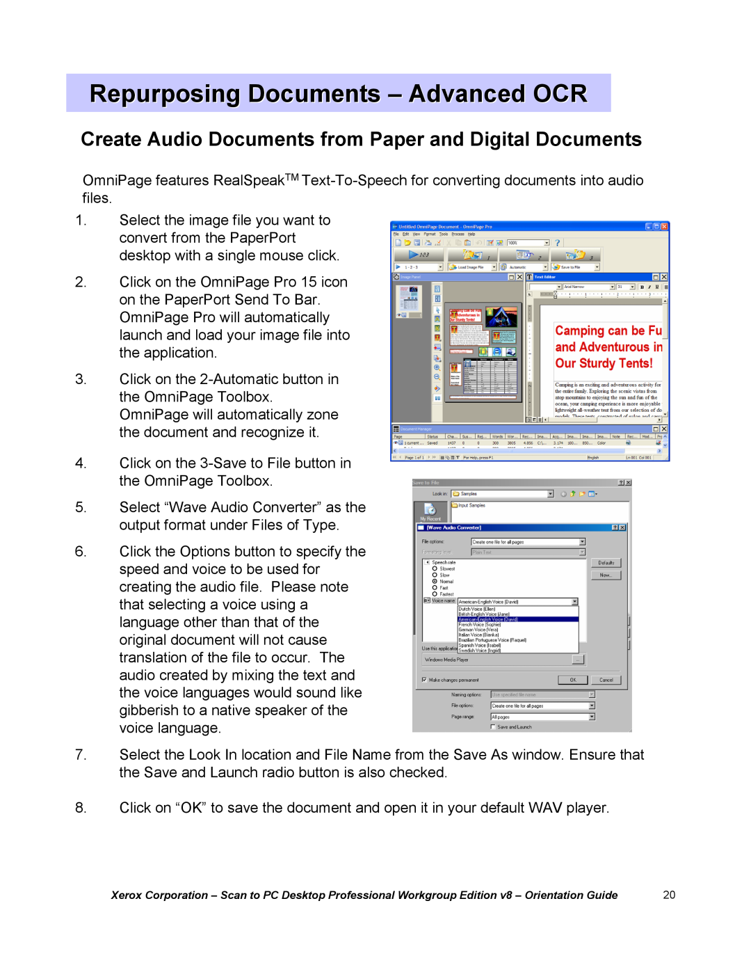 Xerox G8144Z manual Create Audio Documents from Paper and Digital Documents, Repurposing Documents -Advanced OCR 