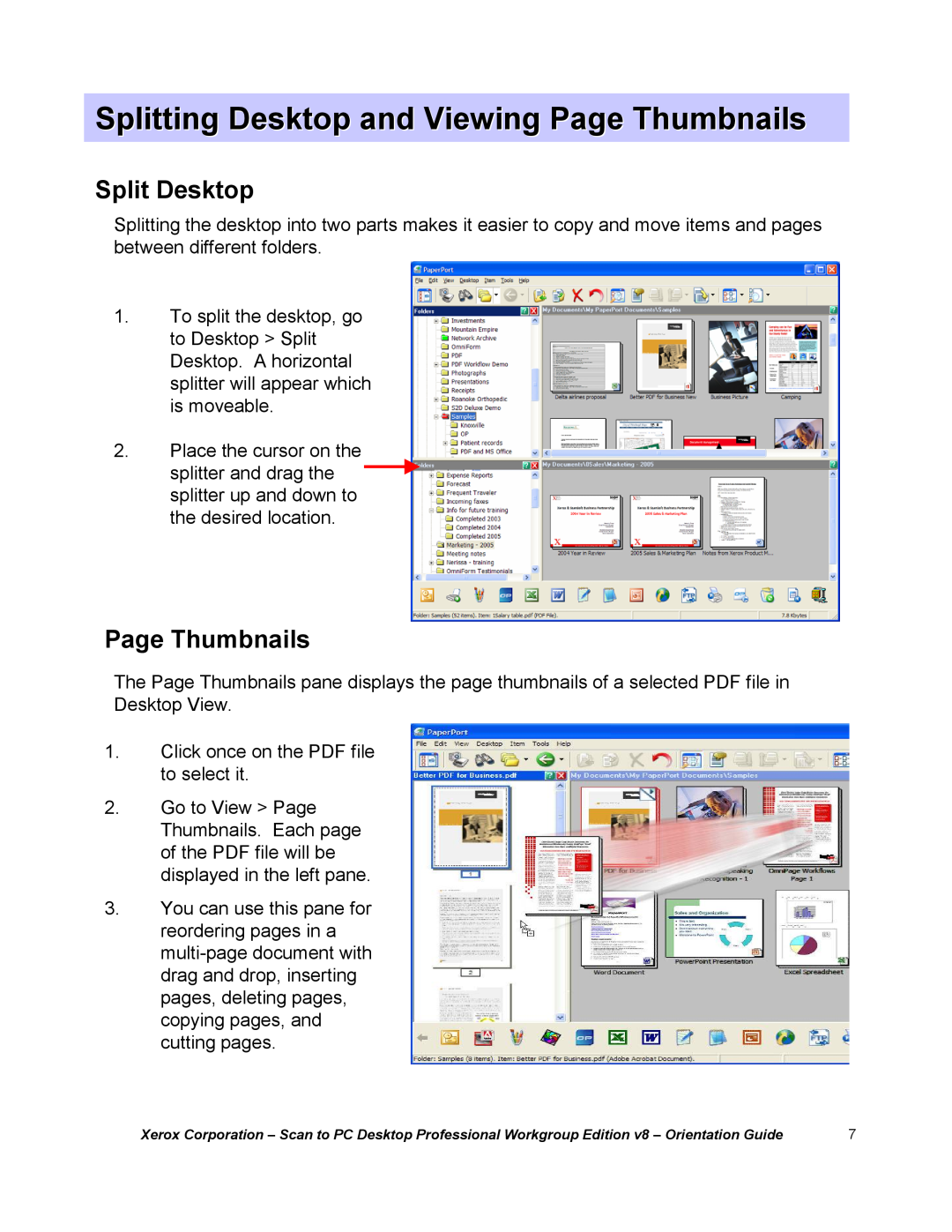 Xerox G8144Z manual Splitting Desktop and Viewing Page Thumbnails, Split Desktop 
