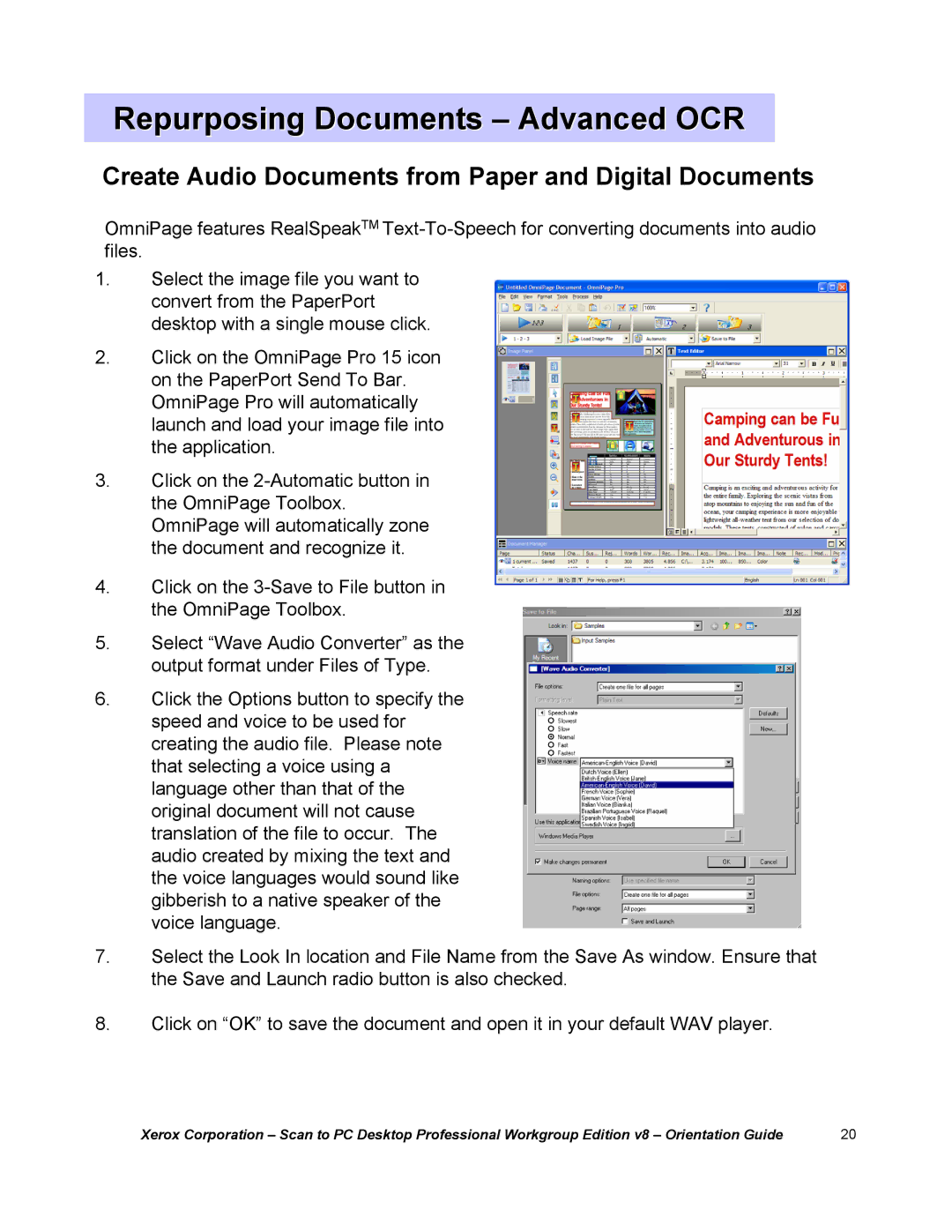 Xerox G8144Z manual Create Audio Documents from Paper and Digital Documents 