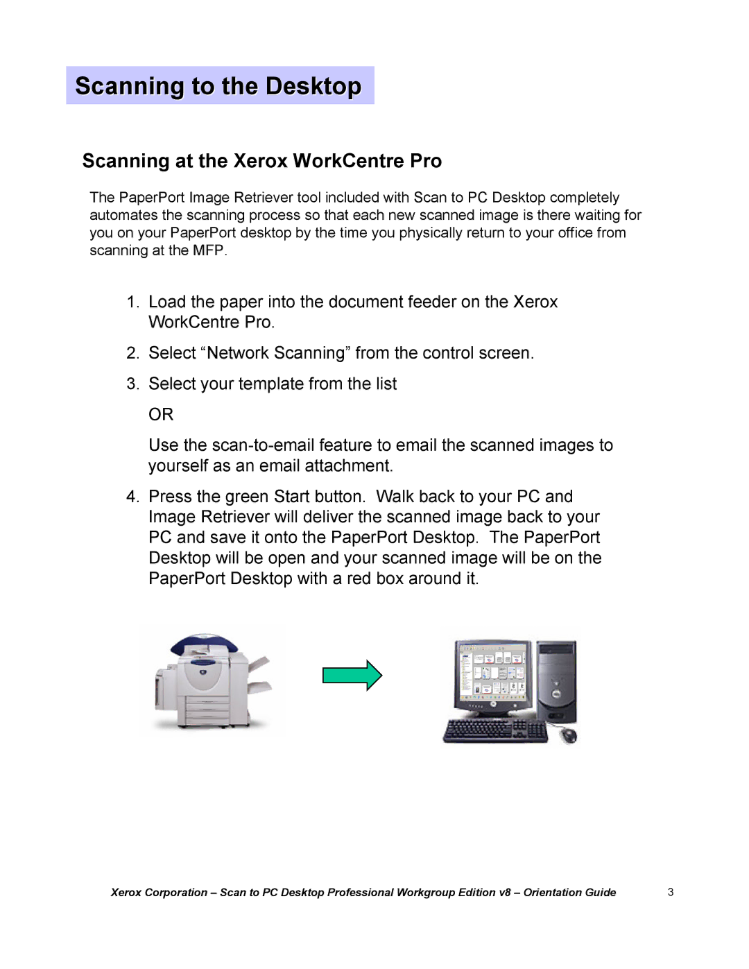 Xerox G8144Z manual Scanning to the Desktop, Scanning at the Xerox WorkCentre Pro 