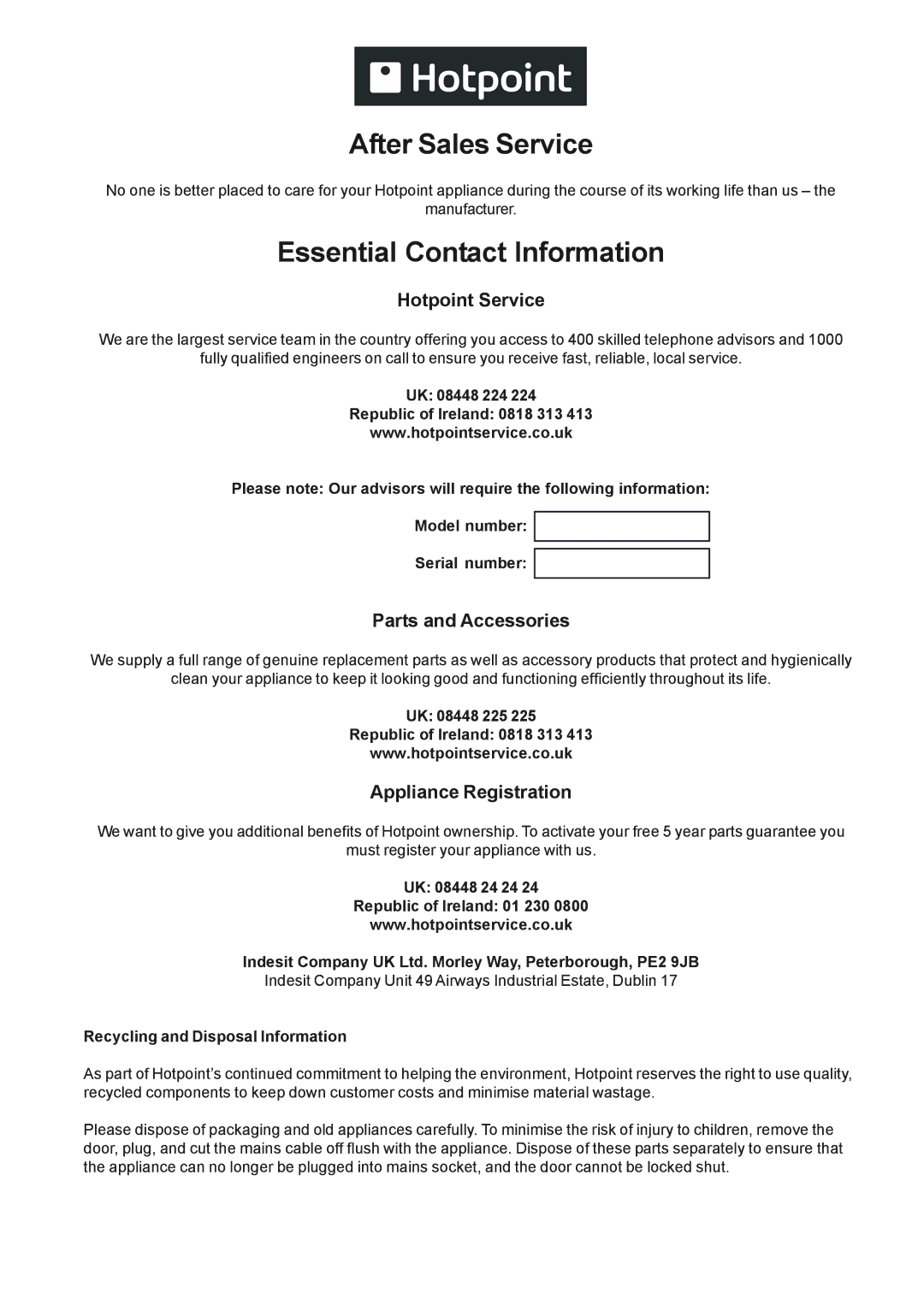 Xerox GF750TX, GF761RFX specifications Hotpoint Service, Parts and Accessories, Appliance Registration 