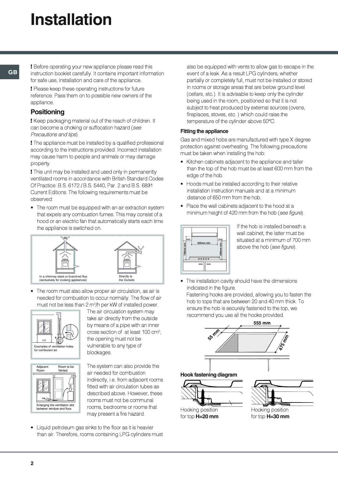 Xerox GF750TX, GF761RFX specifications Installation, Positioning, Fitting the appliance, Hook fastening diagram 