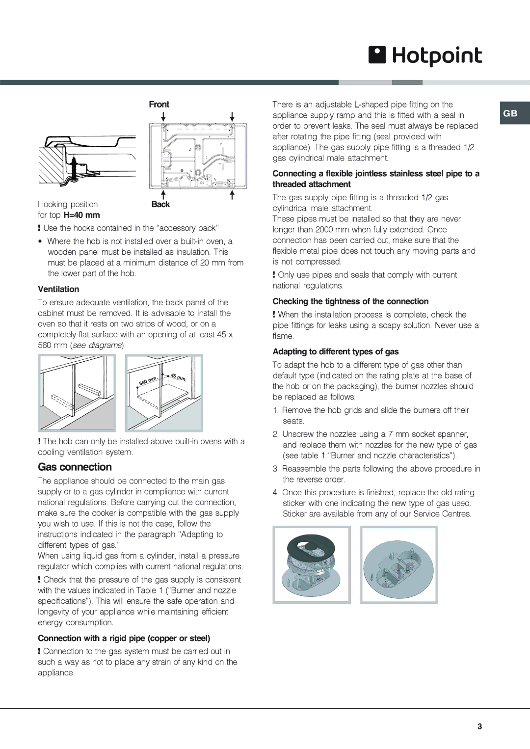 Xerox GF761RFX, GF750TX specifications Gas connection, Ventilation, Connection with a rigid pipe copper or steel 