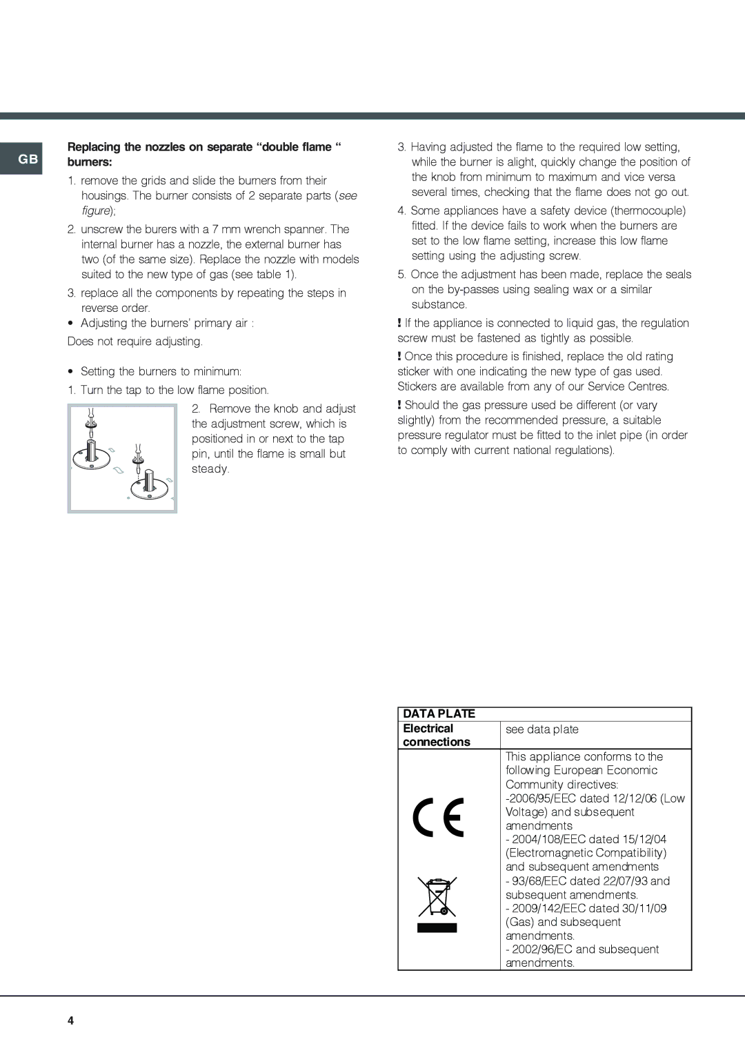 Xerox GF750TX, GF761RFX specifications Replacing the nozzles on separate double flame GB burners, Electrical, Connections 