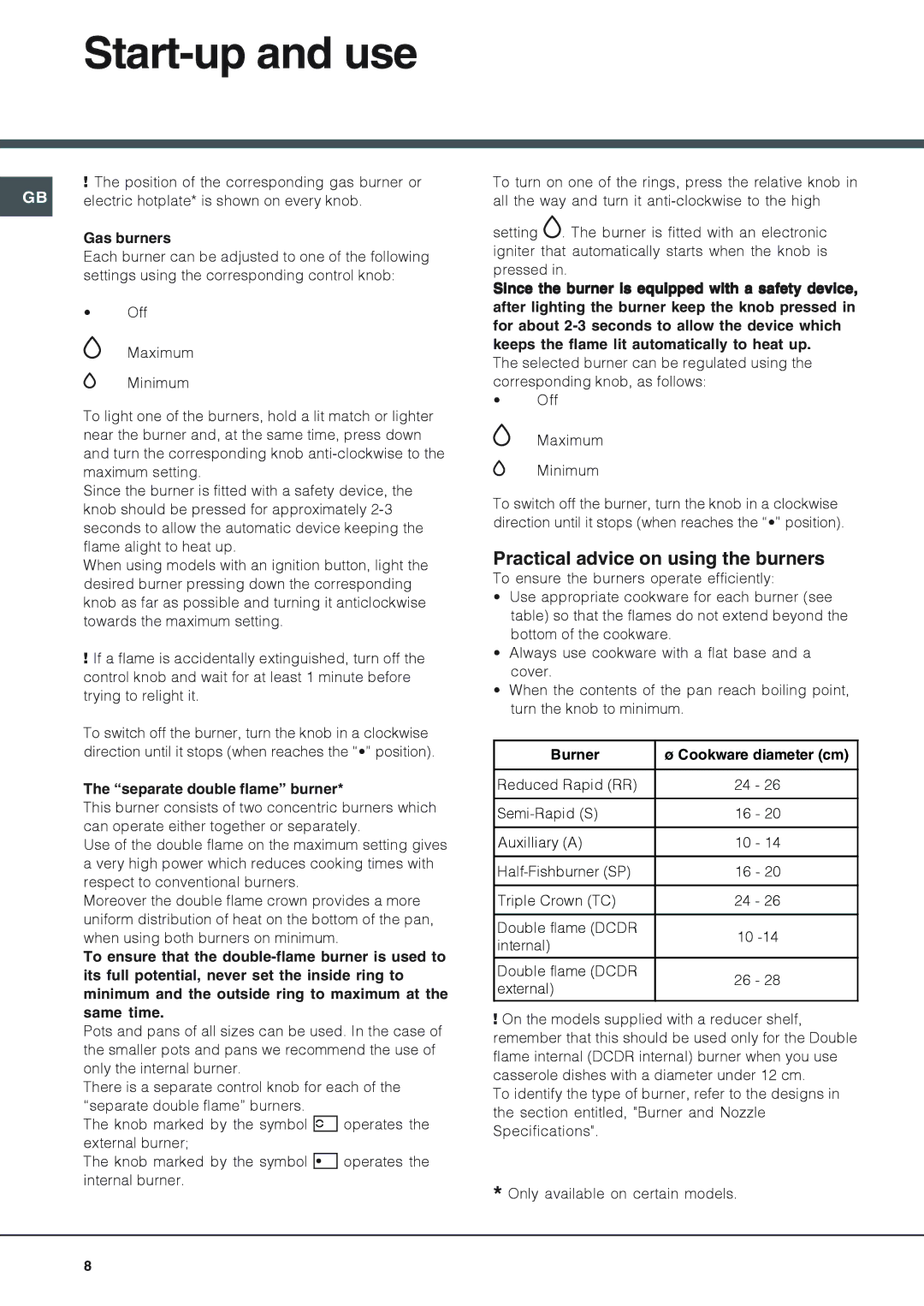 Xerox GF750TX, GF761RFX specifications Start-up and use, Practical advice on using the burners 