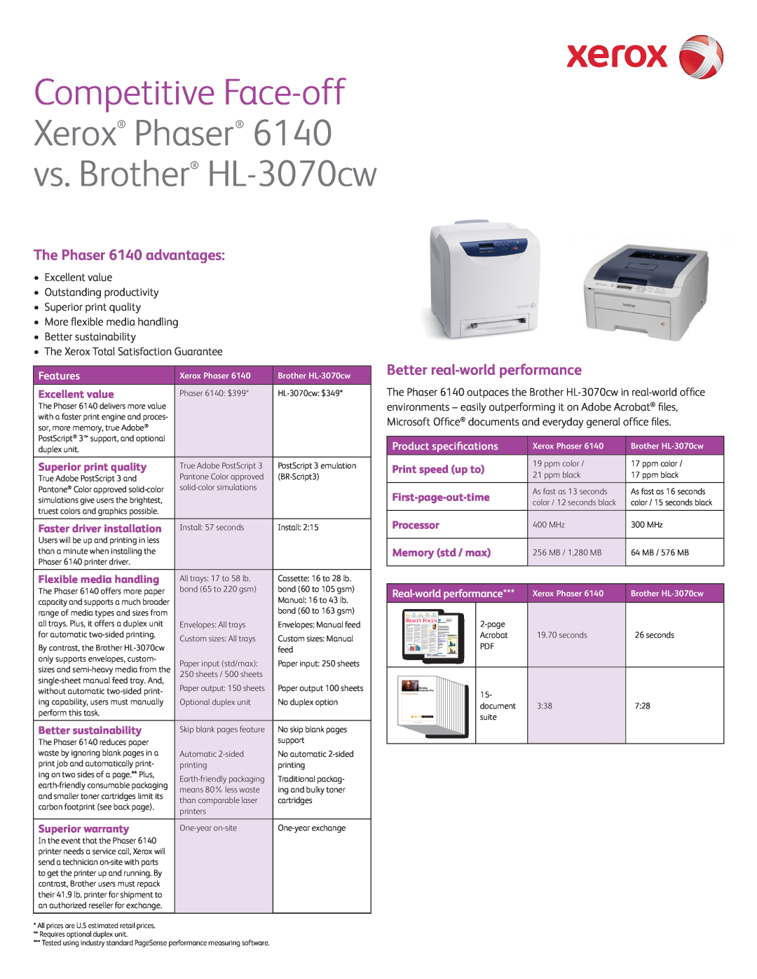 Xerox HL-3070CW warranty The Phaser 6140 advantages, Better real-worldperformance, Features, Product specifications 