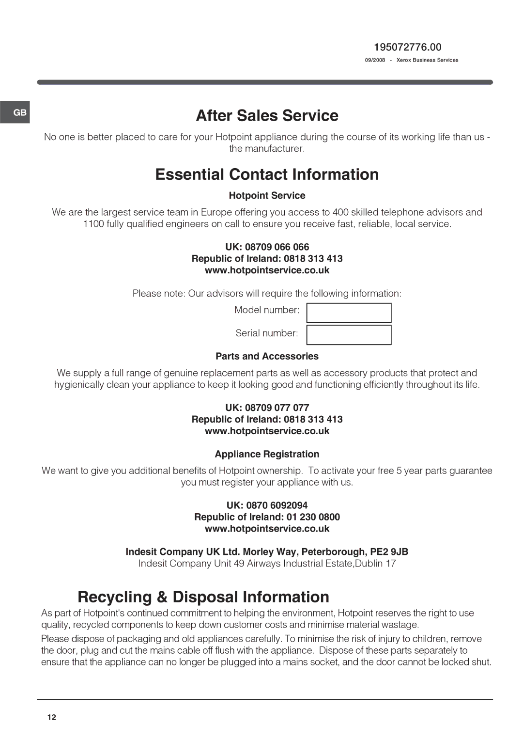 Xerox HS1621 manual After Sales Service, Hotpoint Service 