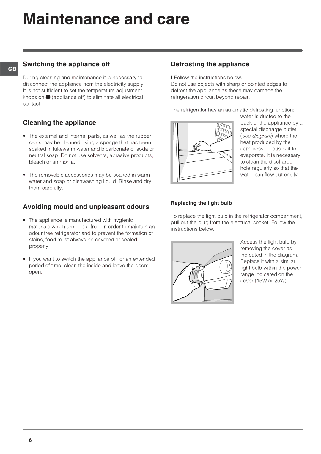 Xerox HS1621 manual Maintenance and care, Switching the appliance off, Cleaning the appliance, Defrosting the appliance 