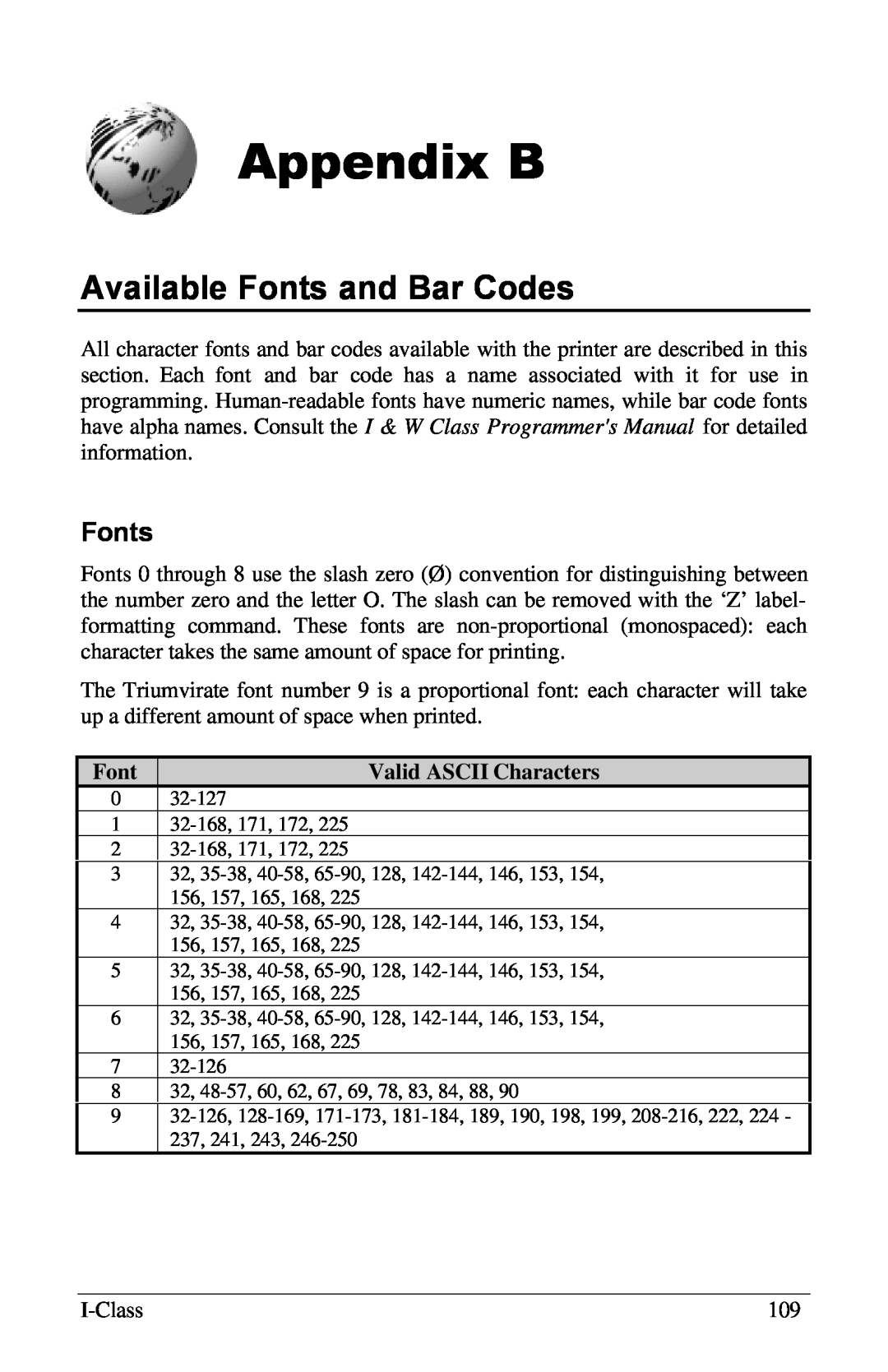Xerox I Class manual Appendix B, Available Fonts and Bar Codes, Valid ASCII Characters 