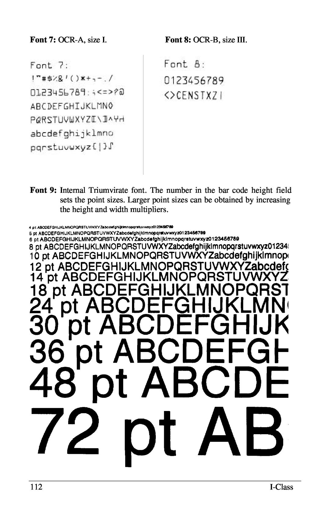 Xerox I Class manual Font 7: OCR-A,size, Font 8: OCR-B,size, I-Class 