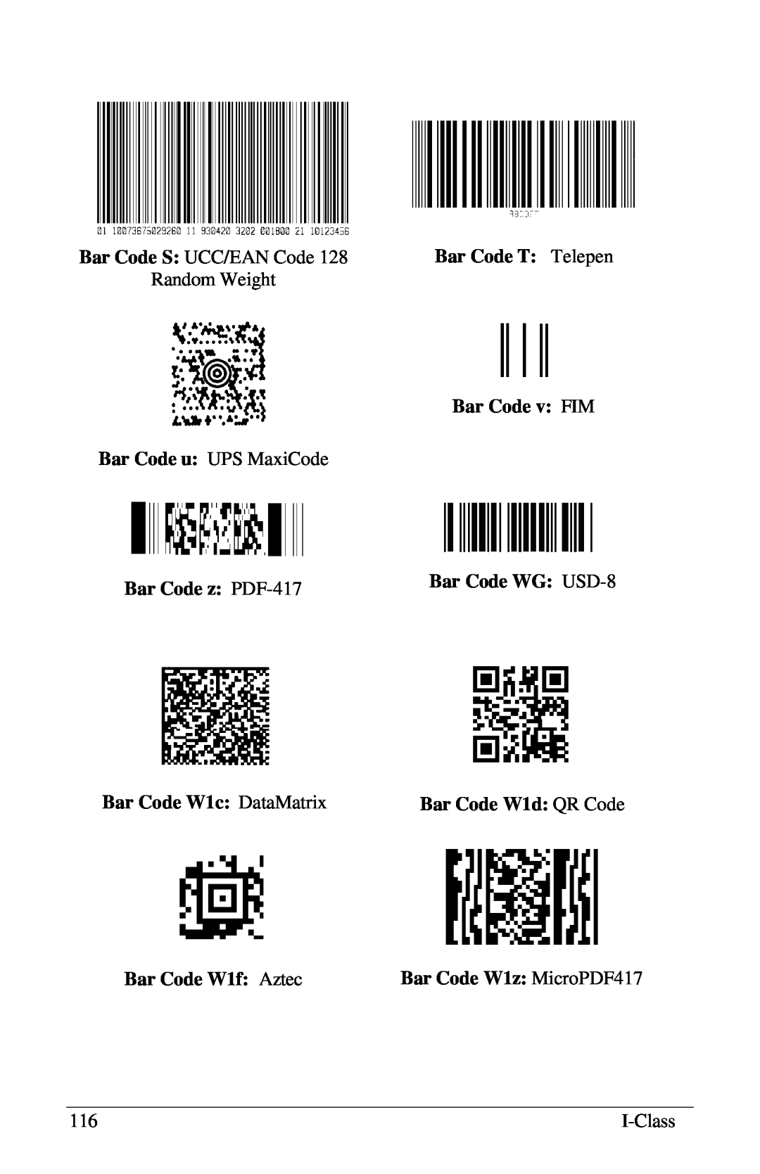 Xerox I Class manual Bar Code u: UPS MaxiCode Bar Code z: PDF-417, Bar Code W1c: DataMatrix Bar Code W1f: Aztec 
