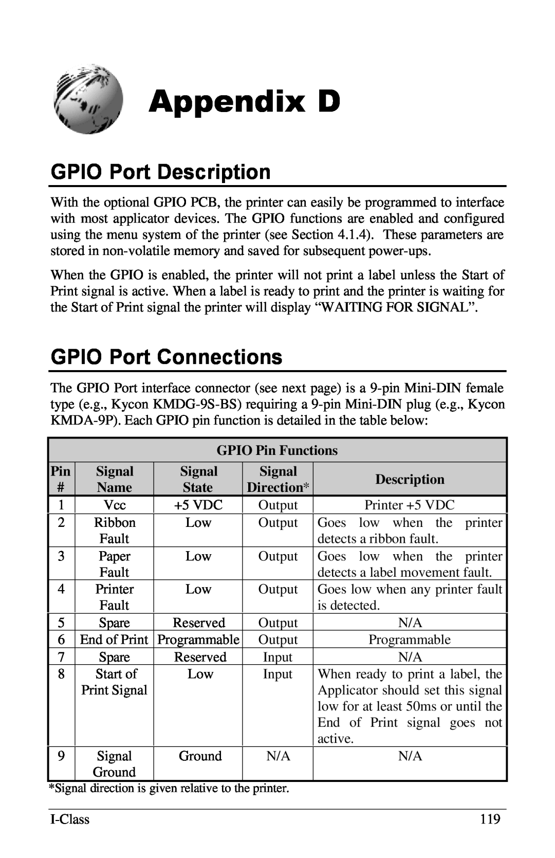 Xerox I Class Appendix D, GPIO Port Description, GPIO Port Connections, GPIO Pin Functions, Signal, Name, State, Direction 