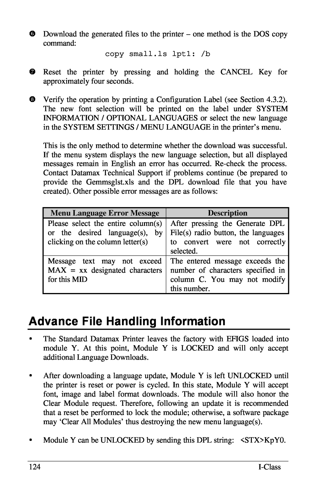 Xerox I Class manual Advance File Handling Information, Menu Language Error Message, Description 