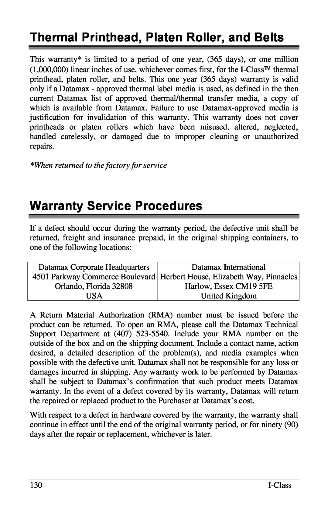 Xerox I Class manual Thermal Printhead, Platen Roller, and Belts, Warranty Service Procedures 