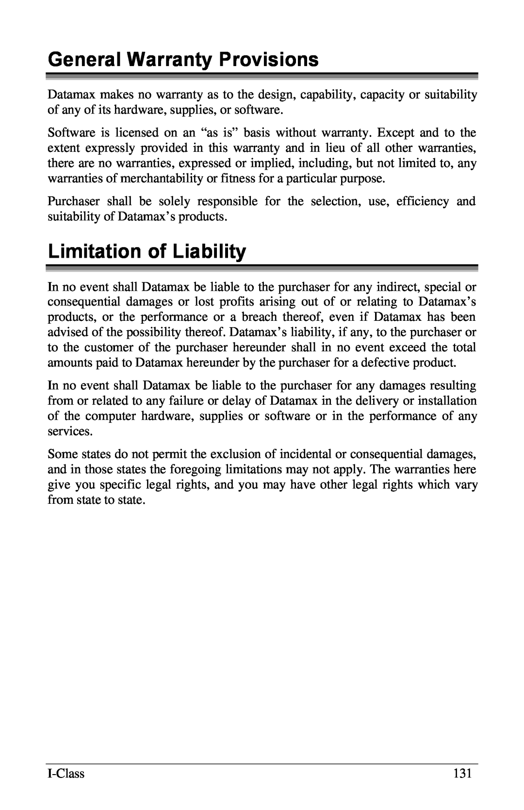 Xerox I Class manual General Warranty Provisions, Limitation of Liability 