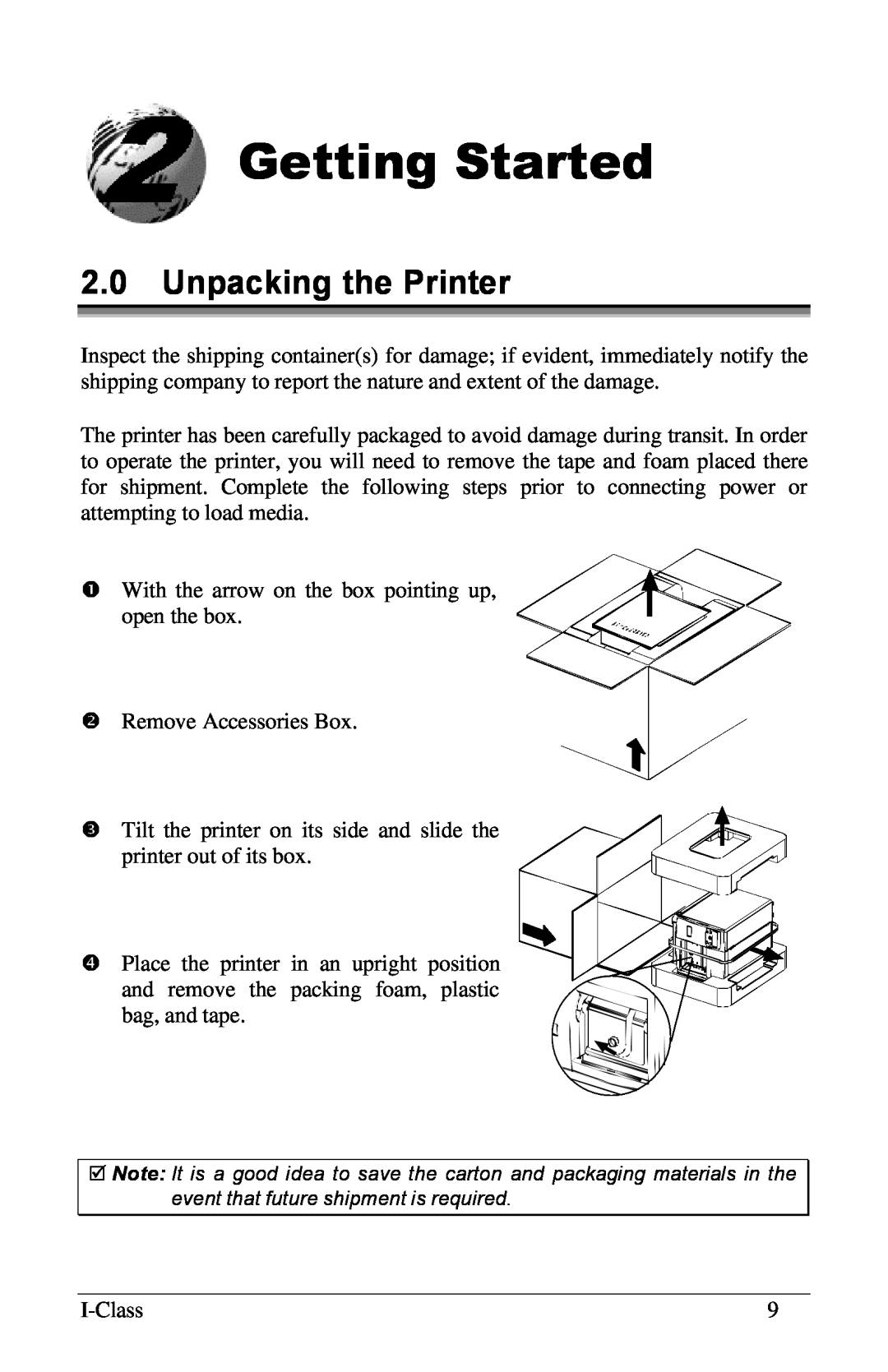 Xerox I Class manual Getting Started, 2.0Unpacking the Printer 