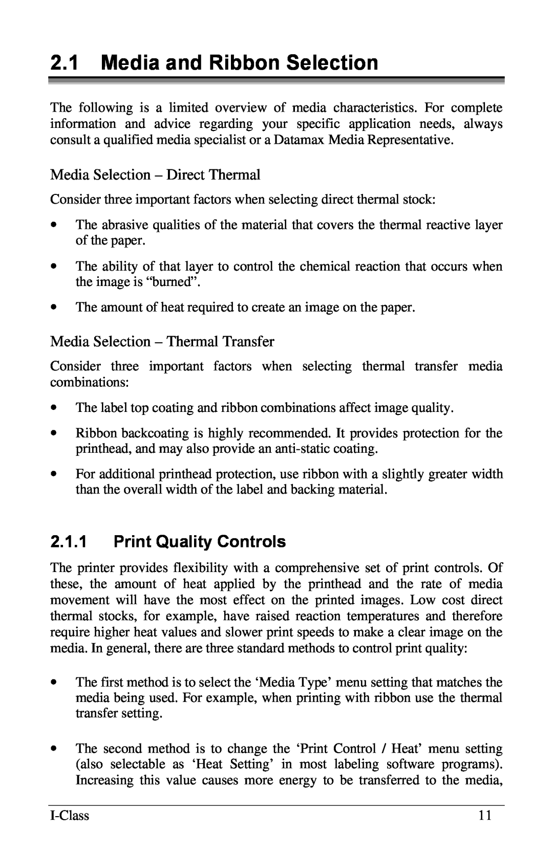 Xerox I Class manual 2.1Media and Ribbon Selection, 2.1.1Print Quality Controls, Media Selection – Direct Thermal 