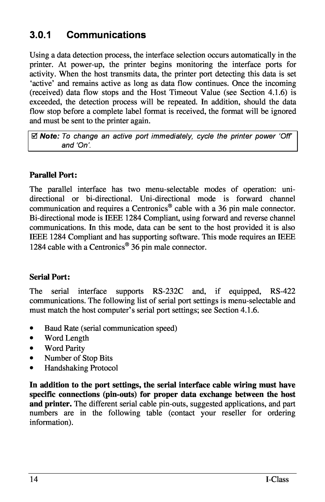 Xerox I Class manual 3.0.1Communications, Parallel Port, Serial Port 