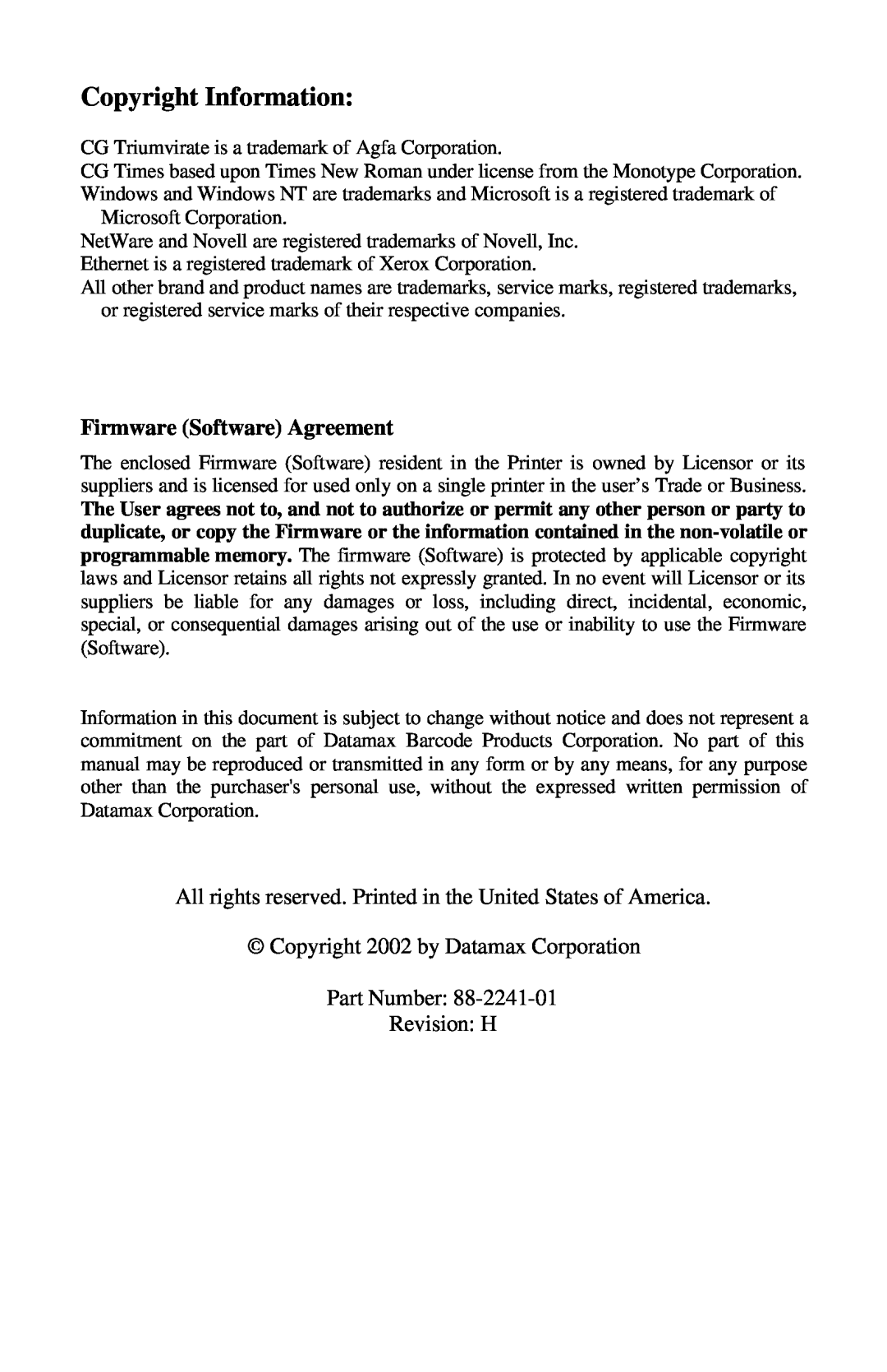 Xerox I Class manual Copyright Information, Firmware Software Agreement 