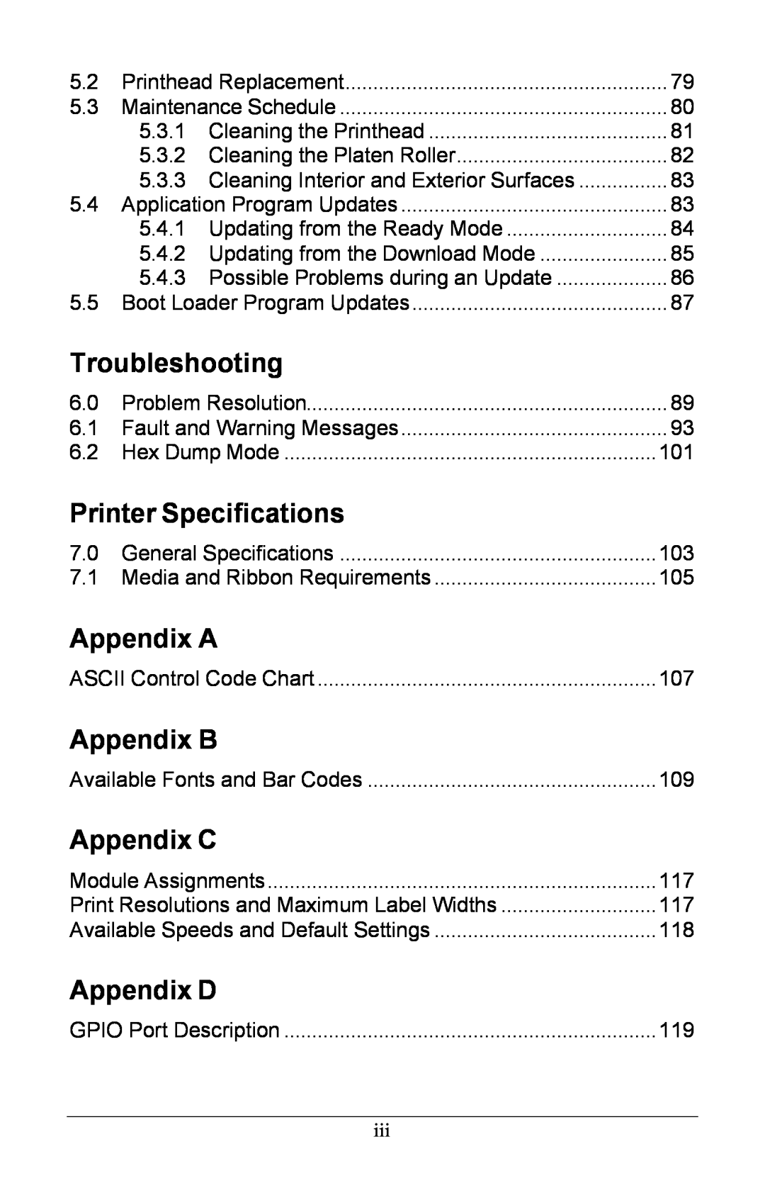 Xerox I Class manual Troubleshooting, Printer Specifications, Appendix A, Appendix B, Appendix C, Appendix D 