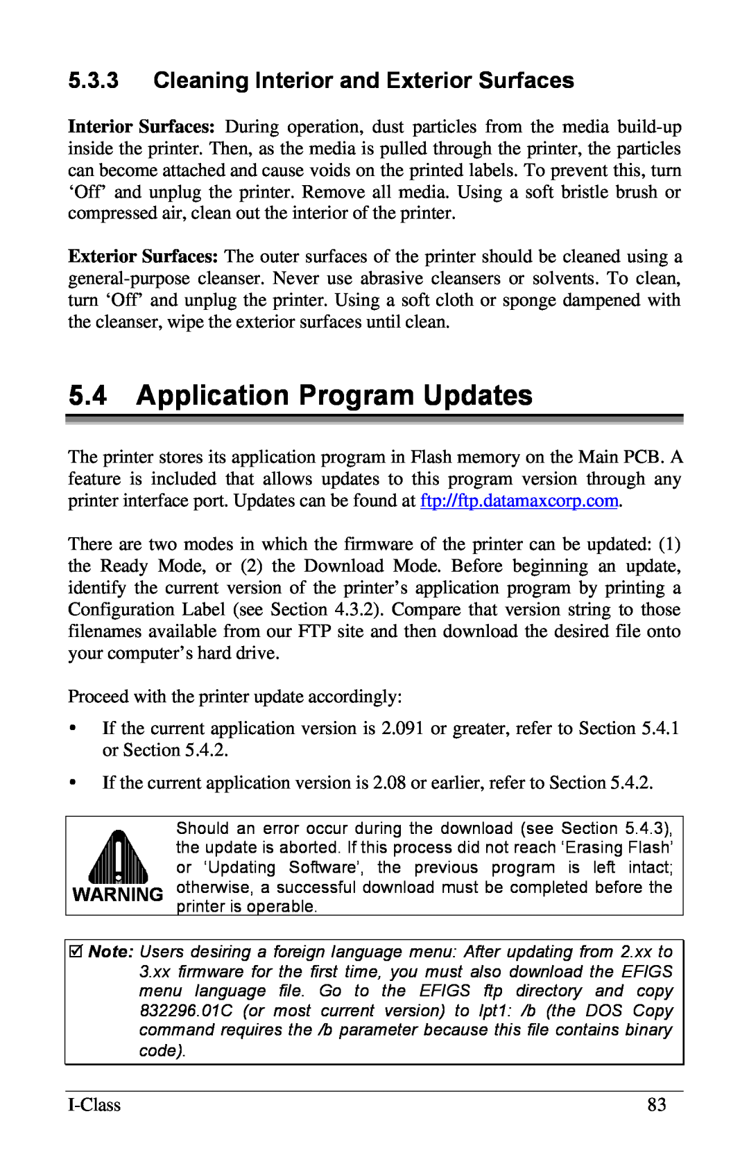 Xerox I Class manual 5.4Application Program Updates, 5.3.3Cleaning Interior and Exterior Surfaces 